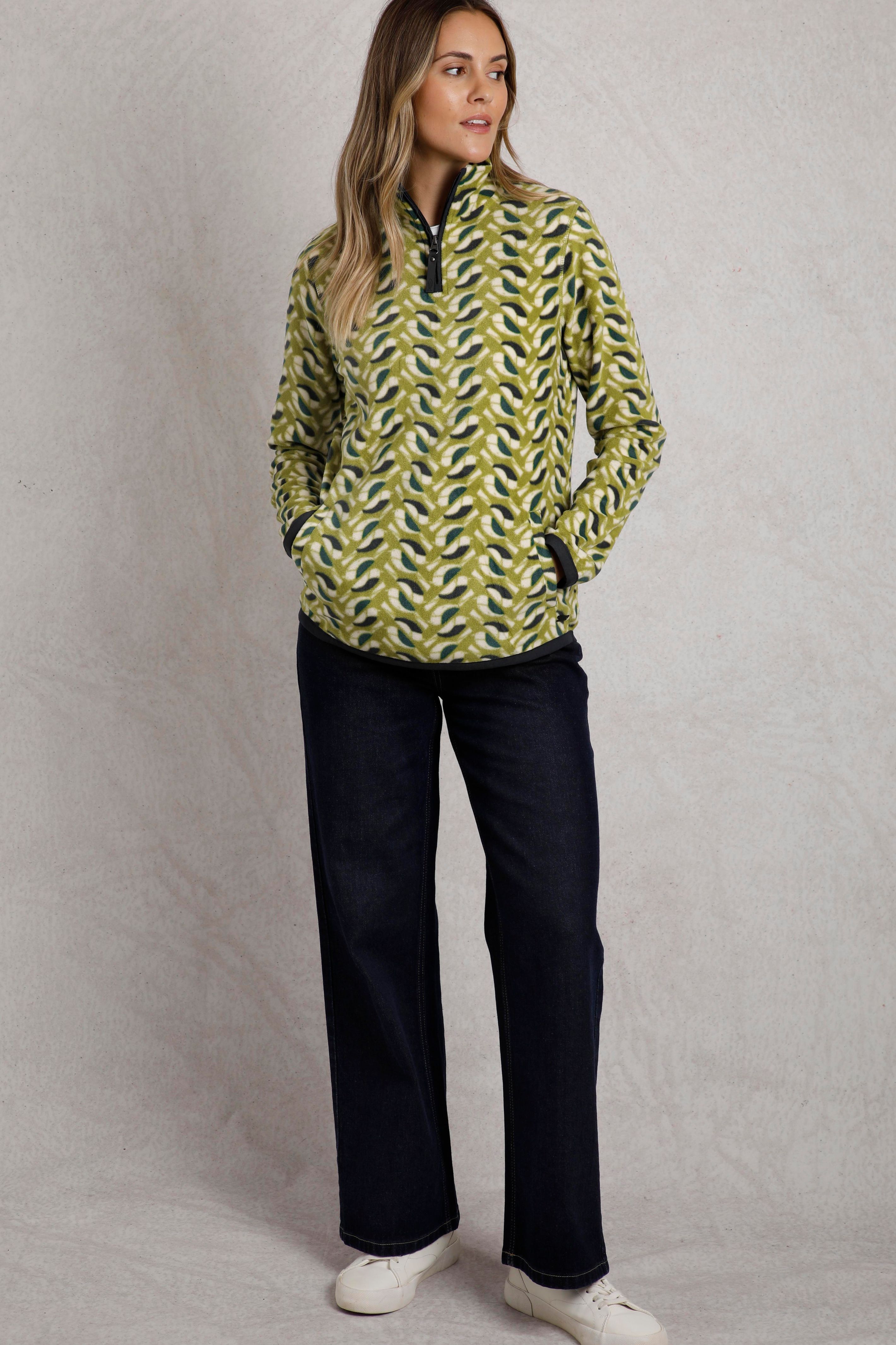 Weird Fish Reena 1/4 Zip Printed Microfleece in Warm Olive