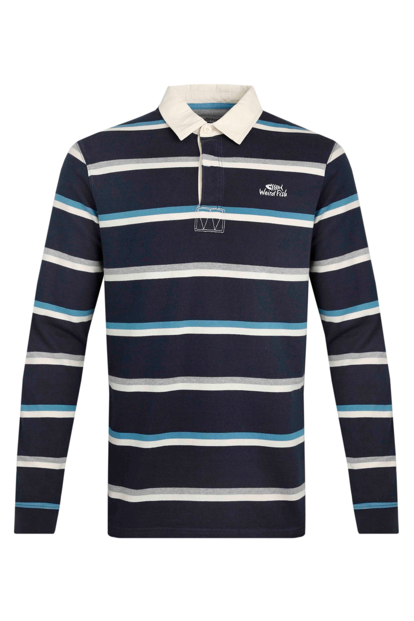 Weird Fish Laxton Organic Long Sleeve Stripe Rugby Shirt Navy Blue Size S