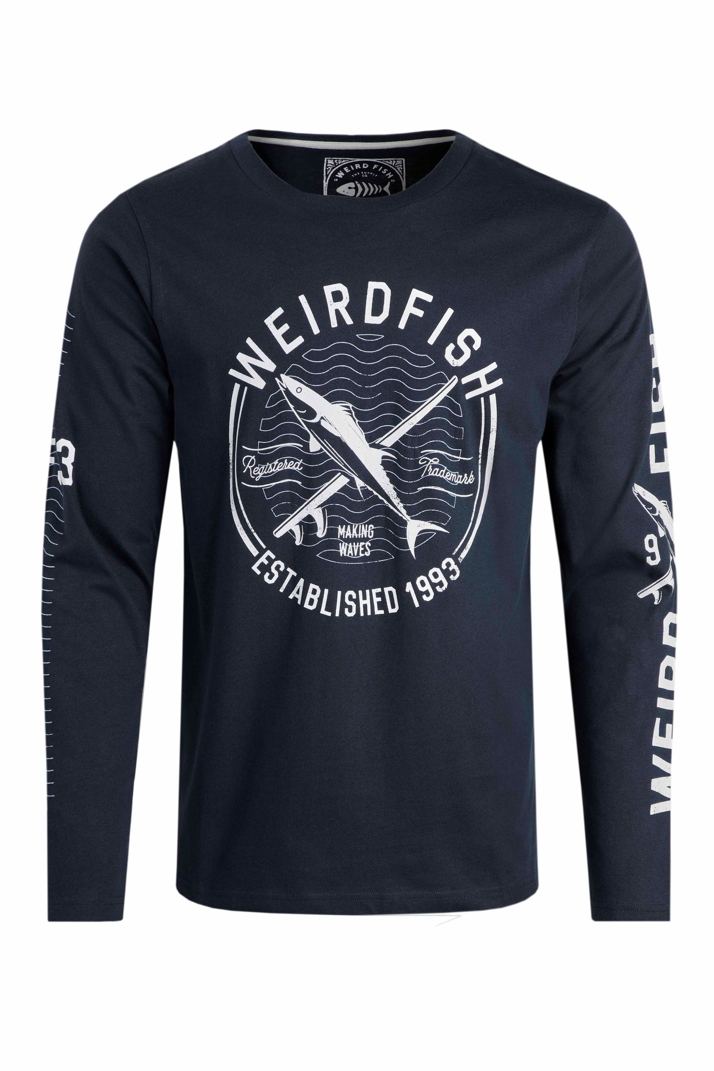 Weird Fish Making Waves Organic Cotton Branded Long Sleeve T-Shirt Navy Size 4XL