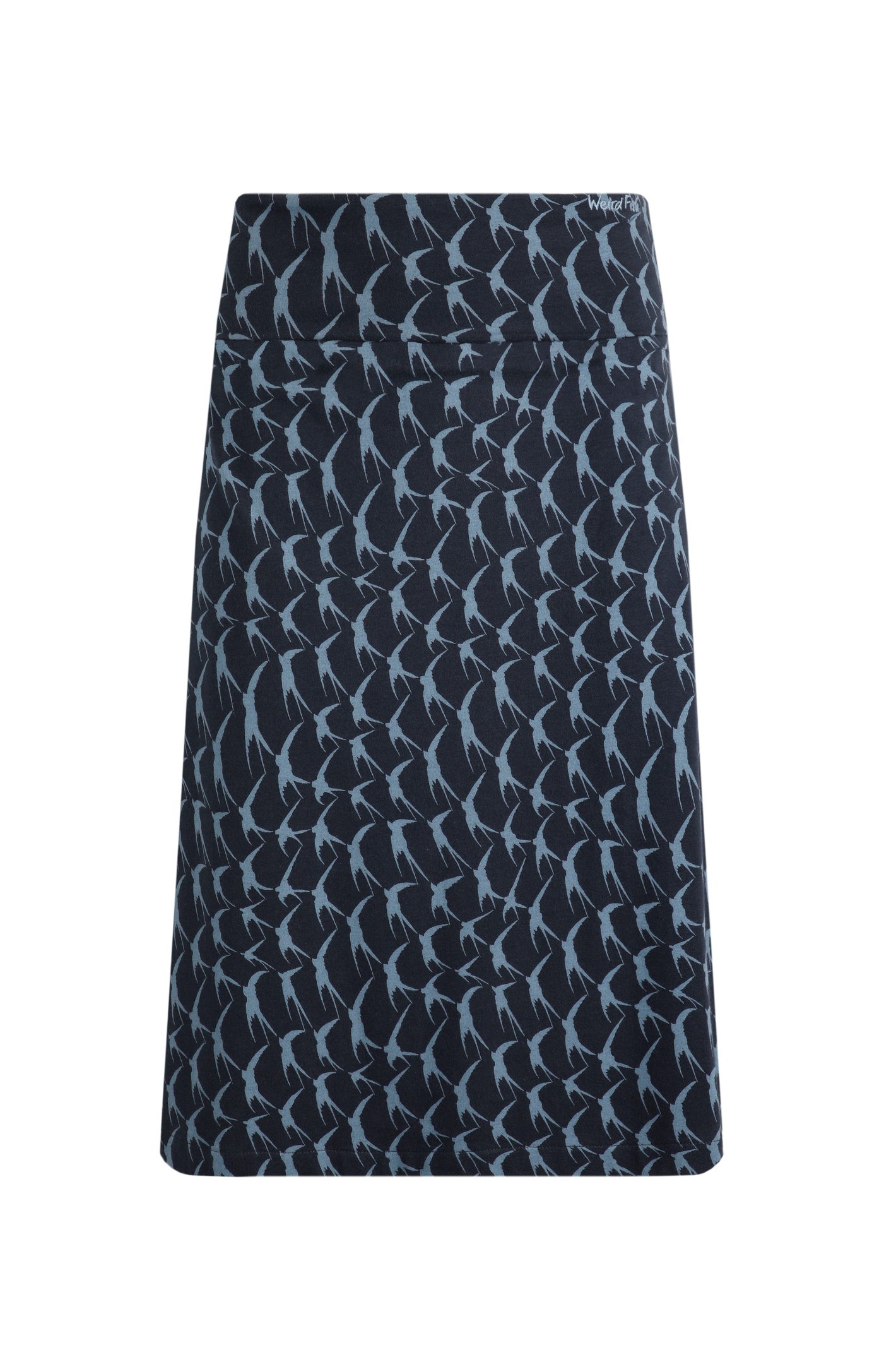 Weird Fish Malmo Bird Print Jersey Stretch Skirt Dark Navy Size 18