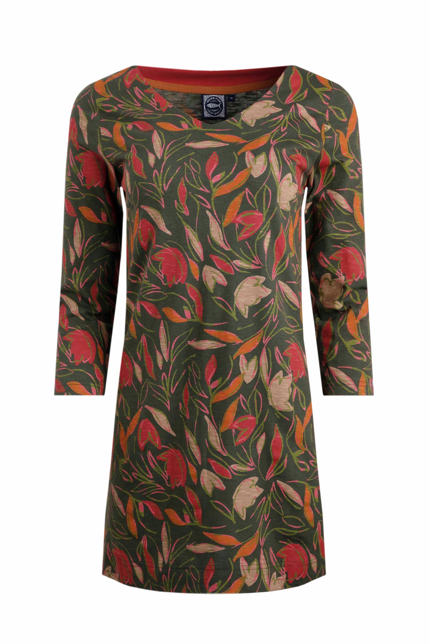 Weird Fish Kylie Organic Cotton Printed Jersey 3/4 Sleeve Tunic Dark Olive Size 20