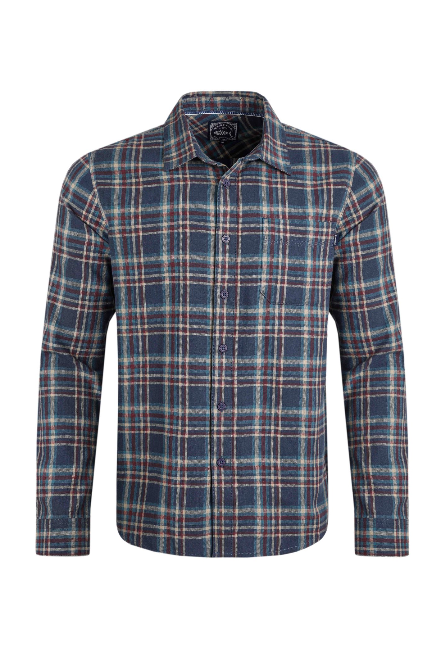 Weird Fish Broxton Organic Cotton Herringbone Check Shirt Dark Navy Size M