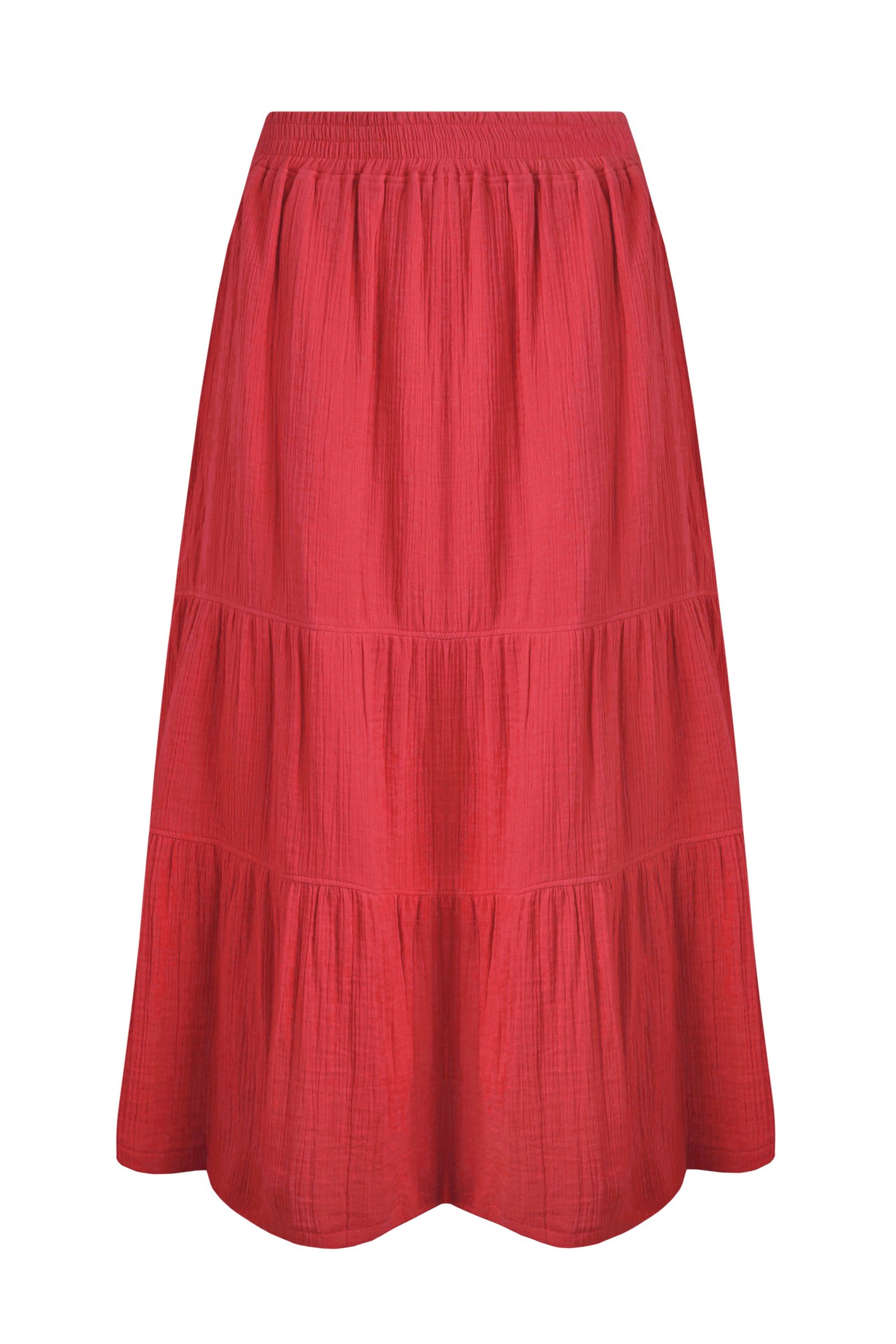 Weird Fish Lathika Organic Cotton Tiered Midi Skirt Crimson Size 20