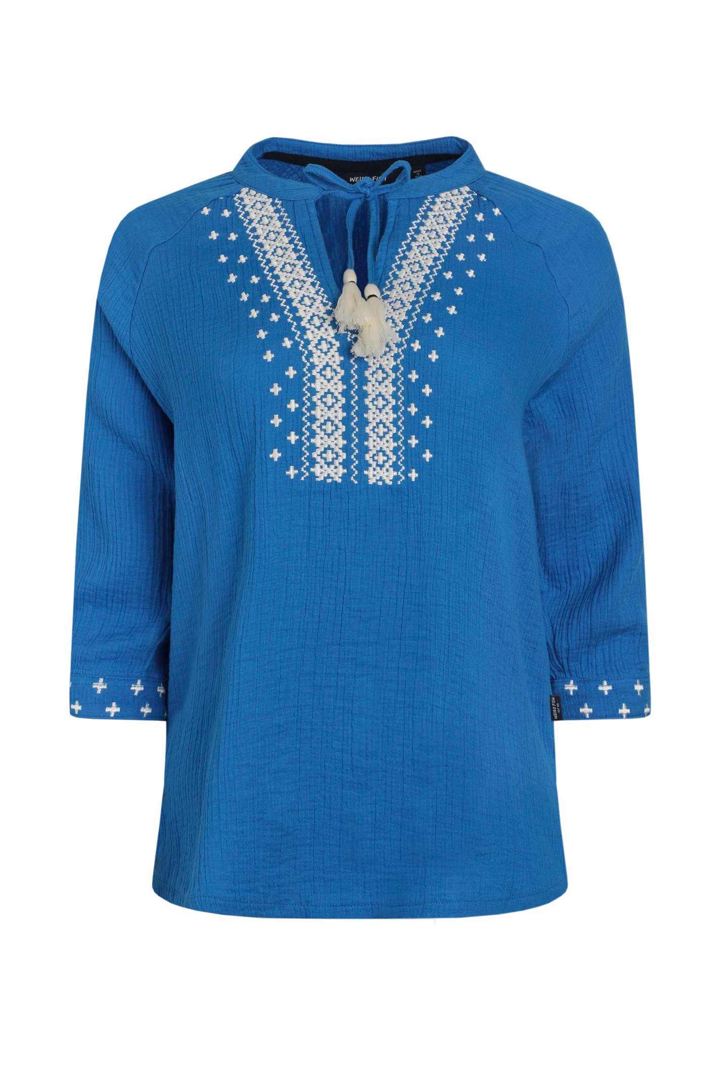 Weird Fish Adalia Organic Cotton Embroidered Double Cloth Blouse Adriatic Blue Size 20