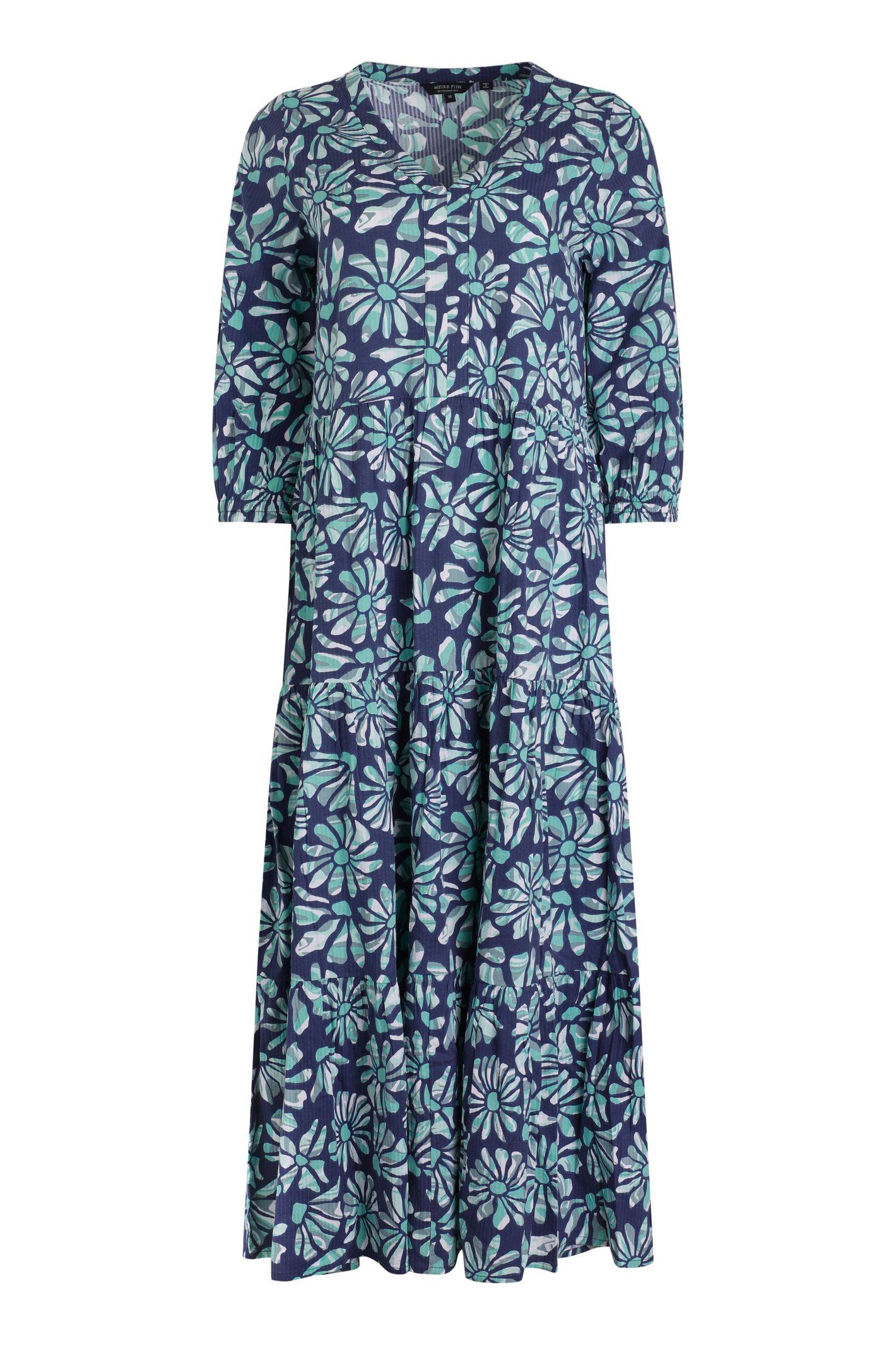 Weird Fish Lainey Printed Seersucker Midi Dress Aqua Marine Size 14