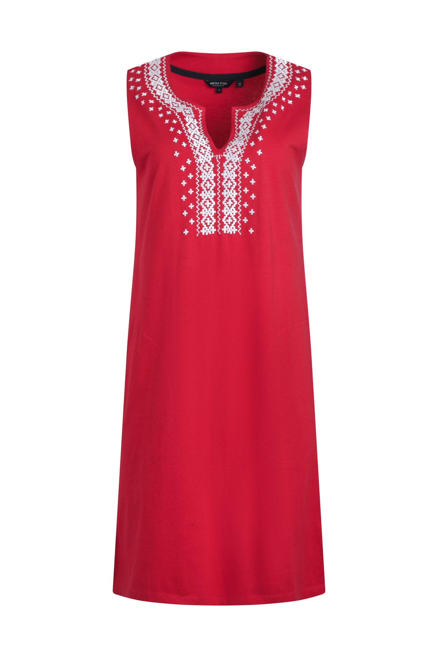 Weird Fish Anaya Organic Cotton Embroidered Jersey Shift Dress Crimson Size 10