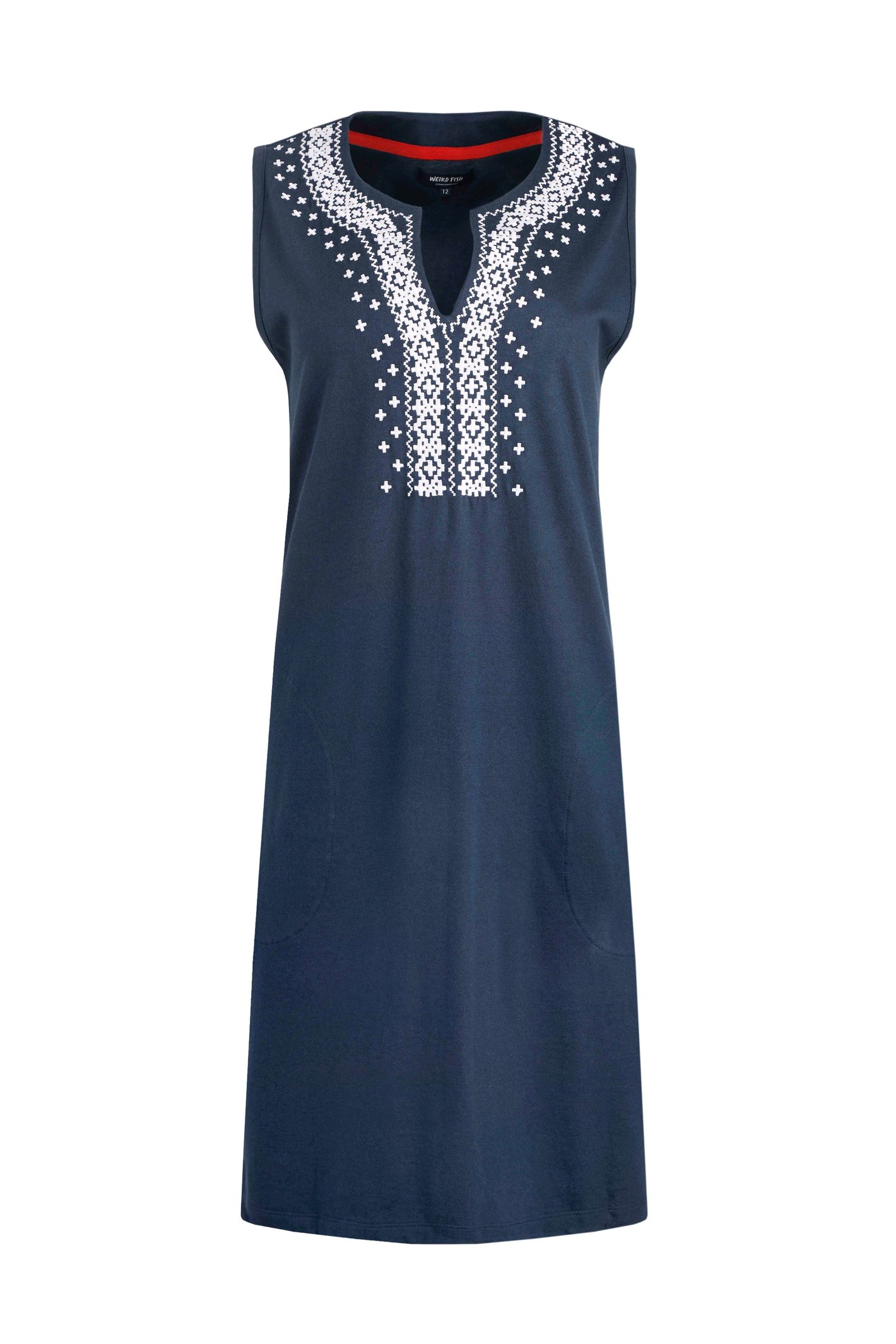 Weird Fish Anaya Organic Cotton Embroidered Jersey Shift Dress Navy Size 16