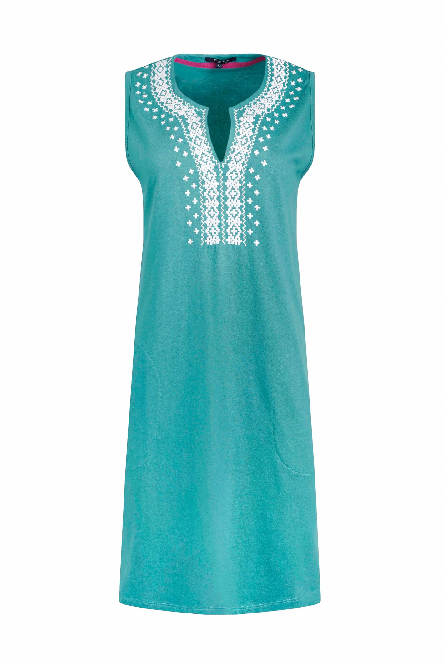 Weird Fish Anaya Organic Cotton Embroidered Jersey Shift Dress Viridis Size 16