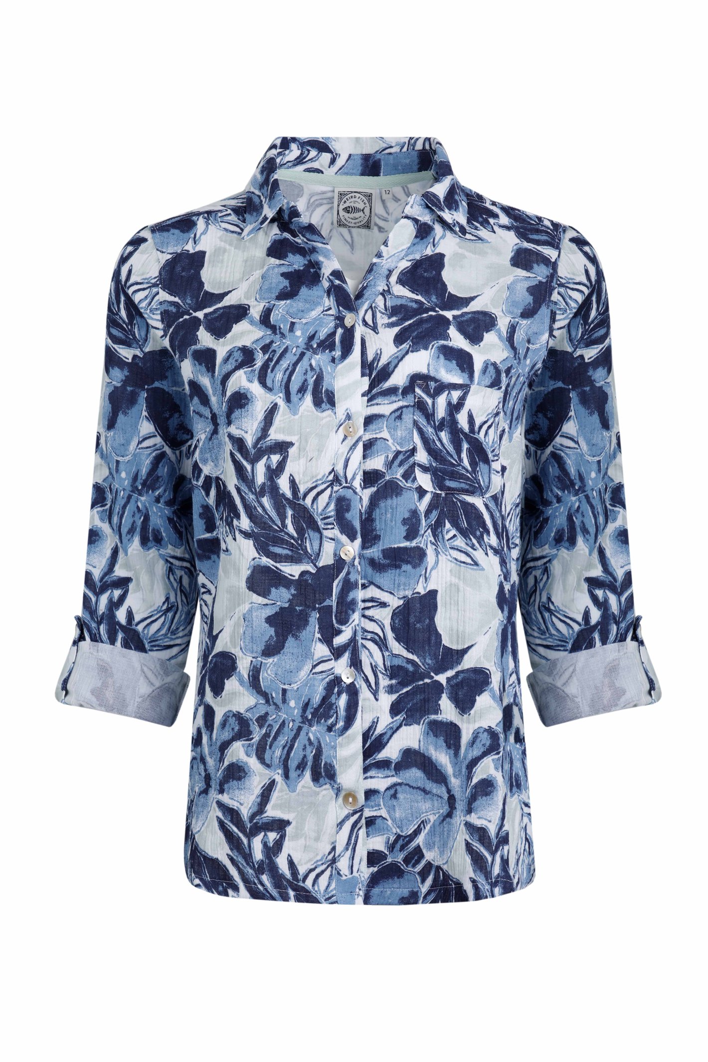 Weird Fish Syona Organic Cotton Double Cloth Printed Shirt Estate blue Size 20