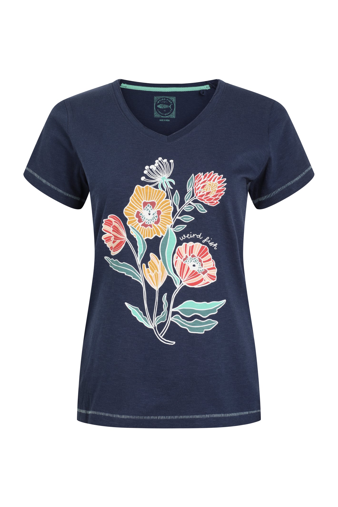 Weird Fish Botanic Organic Cotton V Neck Front Print T-Shirt Dark Blue Size 10