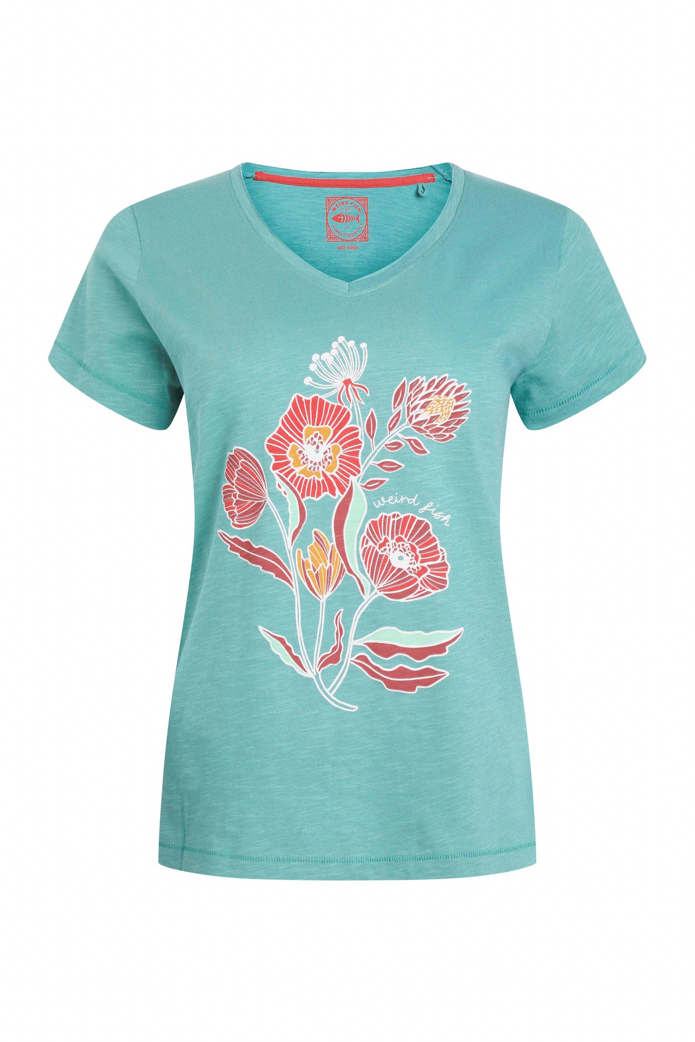 Weird Fish Botanic Organic Cotton V Neck Front Print T-Shirt Viridis Size 14