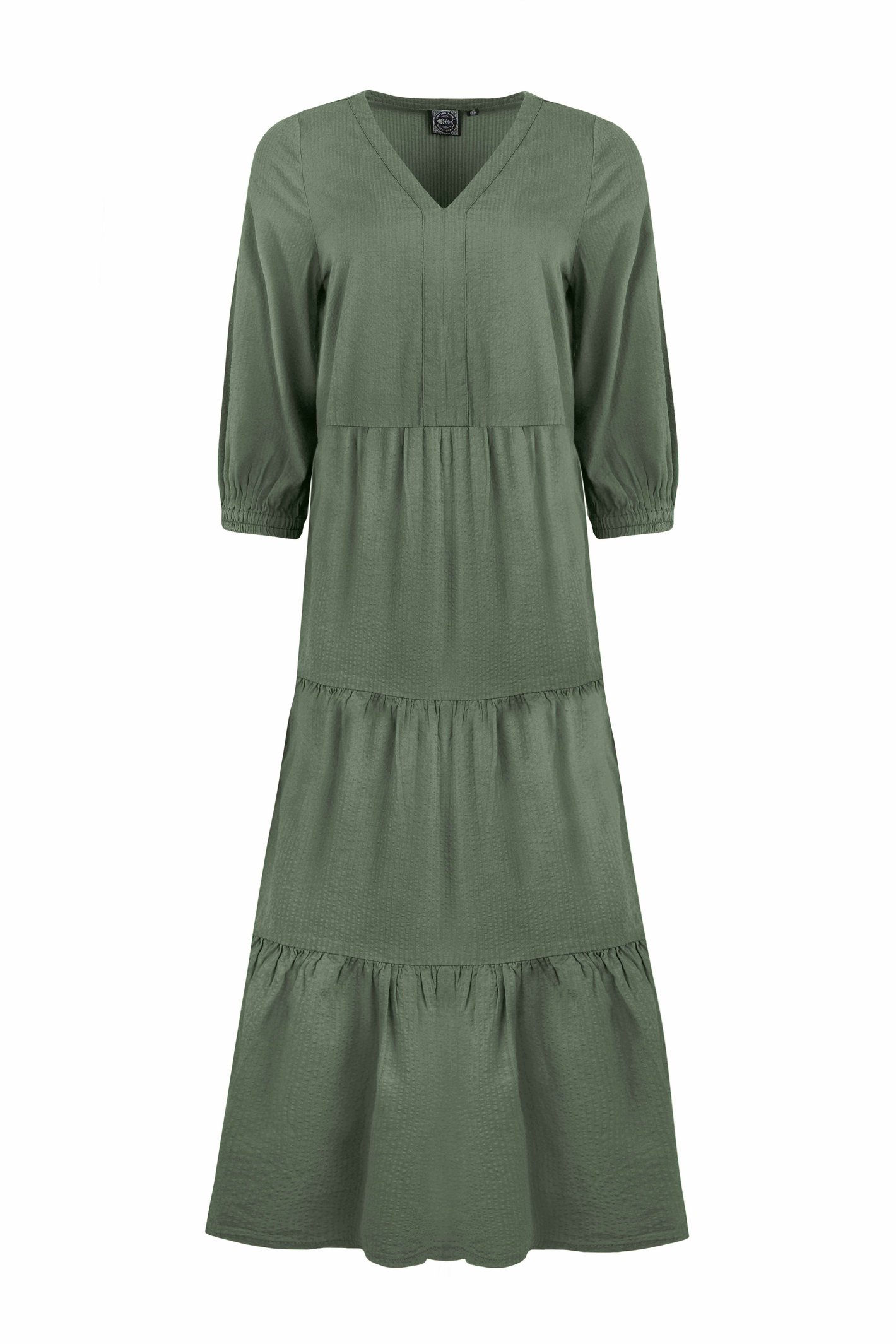 Weird Fish Margo Seersucker Tiered Midi Dress Army Green Size 10