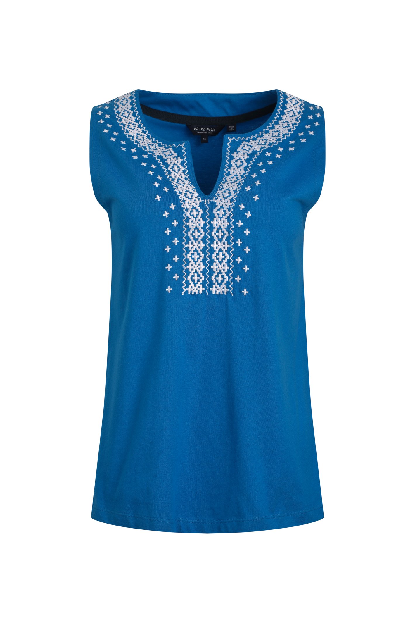 Weird Fish Tirtha Organic Cotton Embroidered Jersey Vest Adriatic Blue Size 18