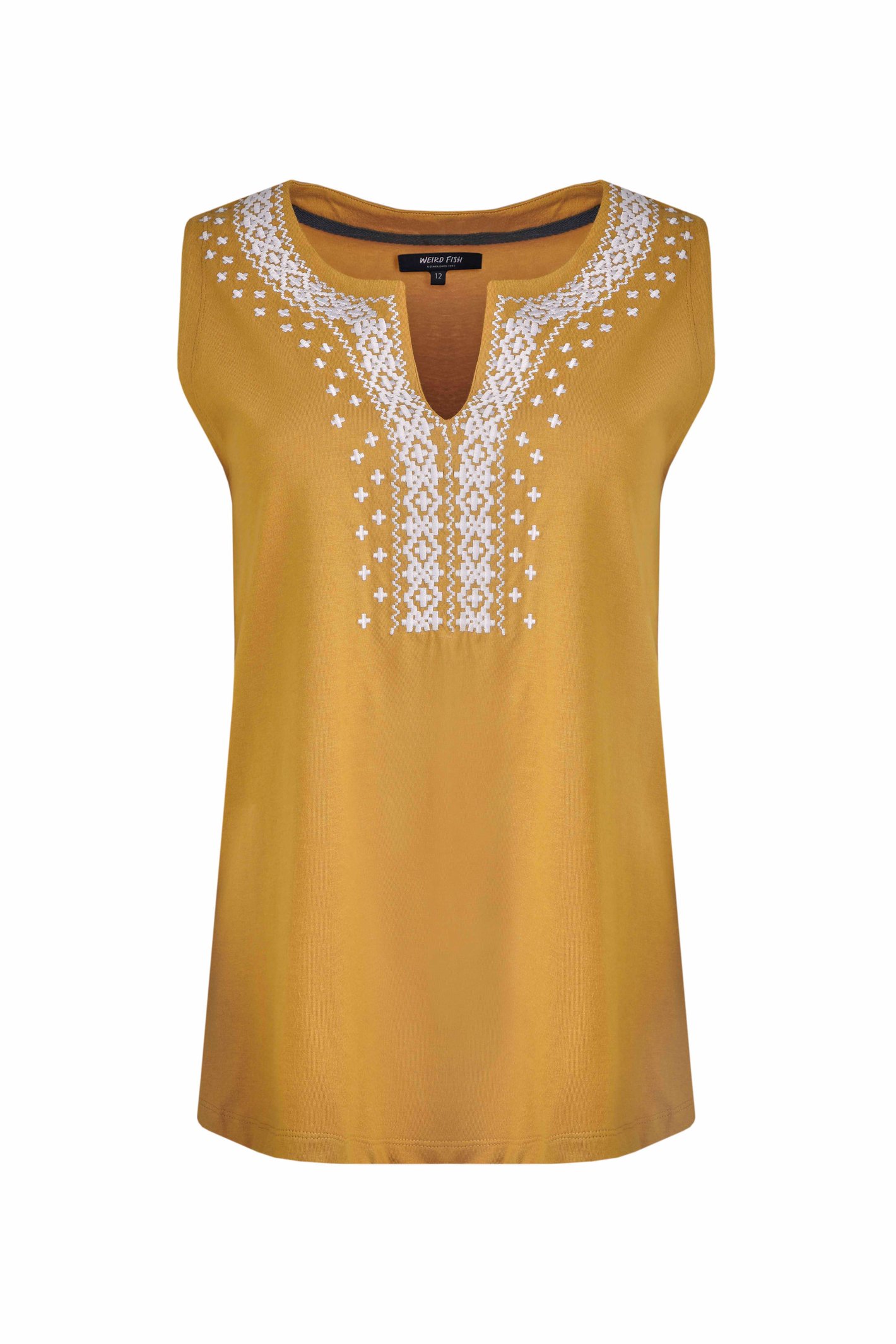 Weird Fish Tirtha Organic Cotton Embroidered Jersey Vest Deep Amber Size 10
