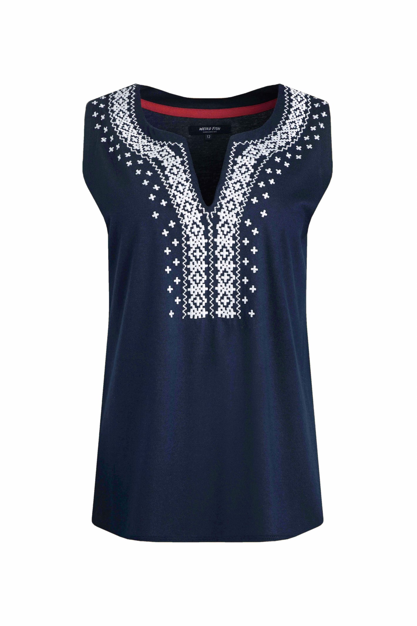 Weird Fish Tirtha Organic Cotton Embroidered Jersey Vest Navy Size 14