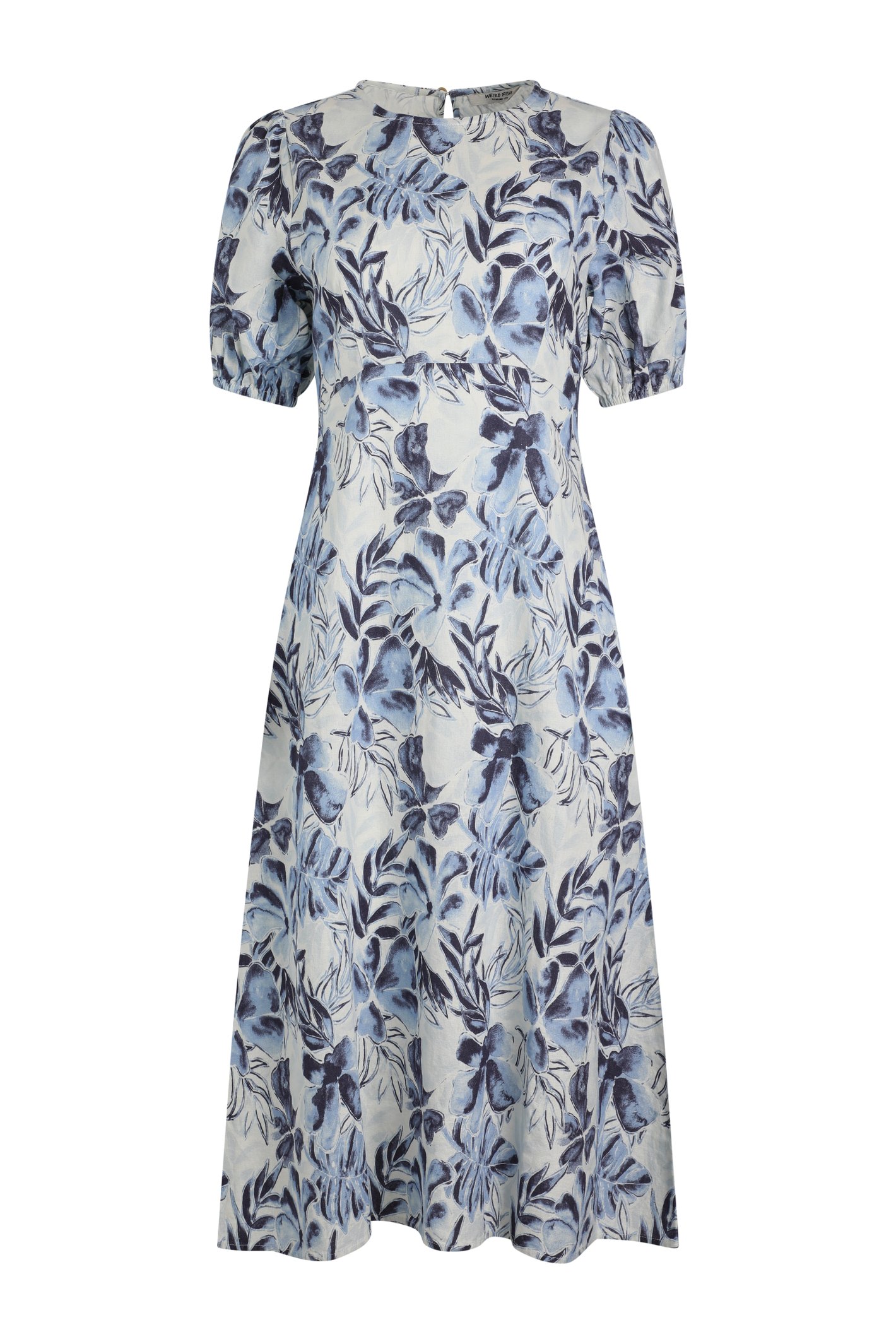 Weird Fish Delanie Linen Rich Printed Tea Dress Estate blue Size 22
