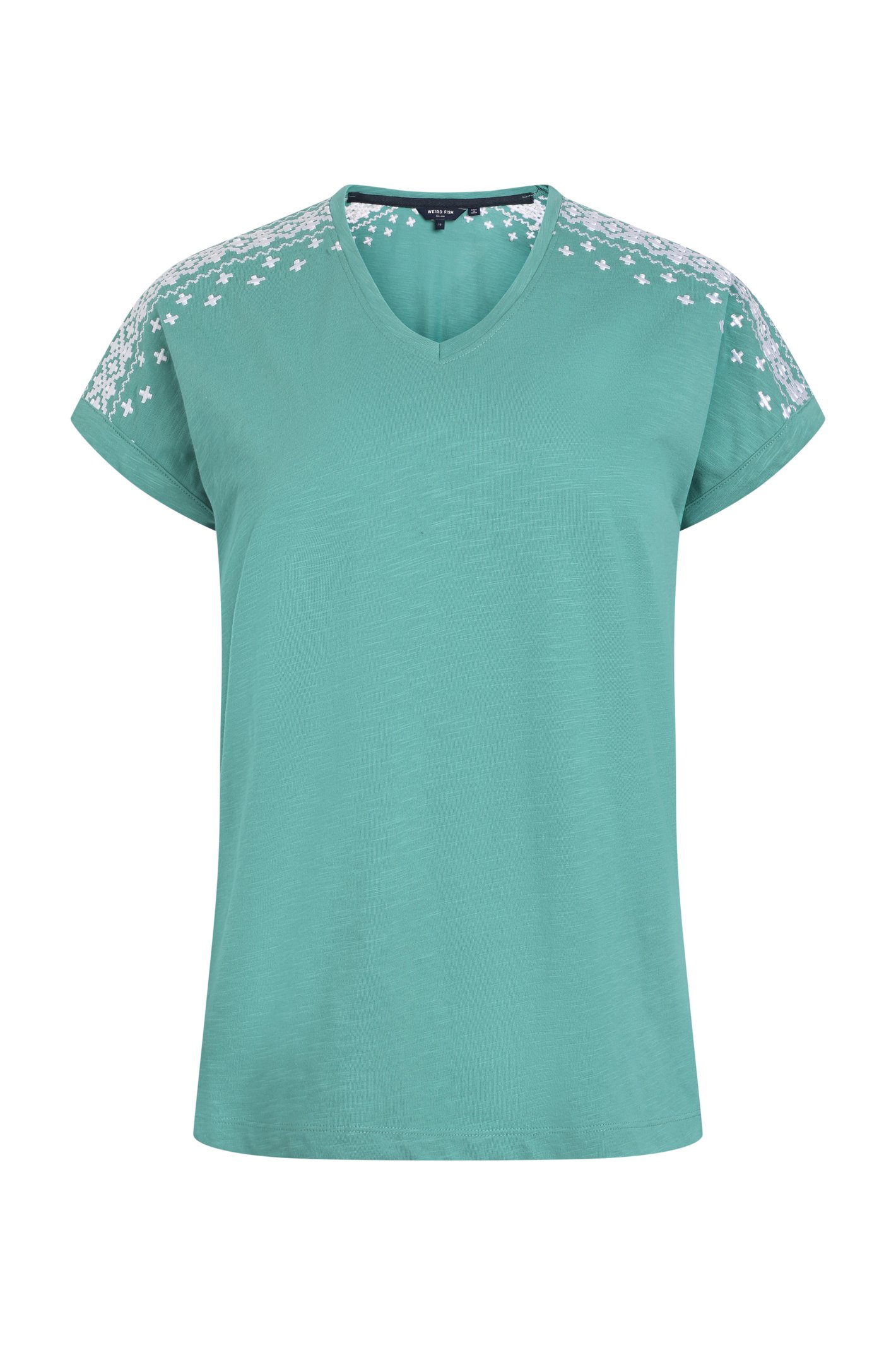 Weird Fish Tildare Organic Cotton Embroidered T-Shirt Viridis Size 14