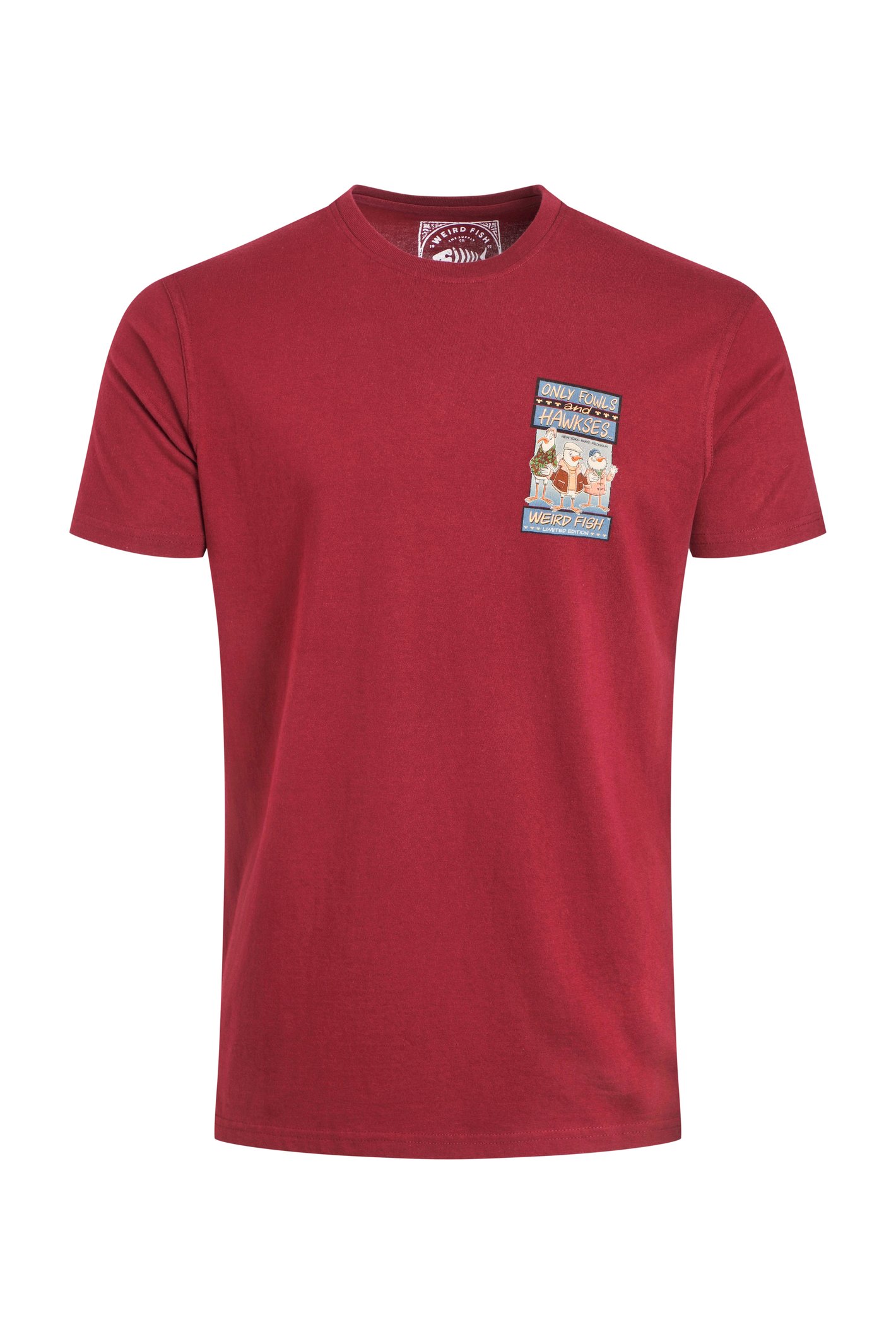 Weird Fish Only Fowls and Hawkses Back Print Artist T-Shirt Garnet