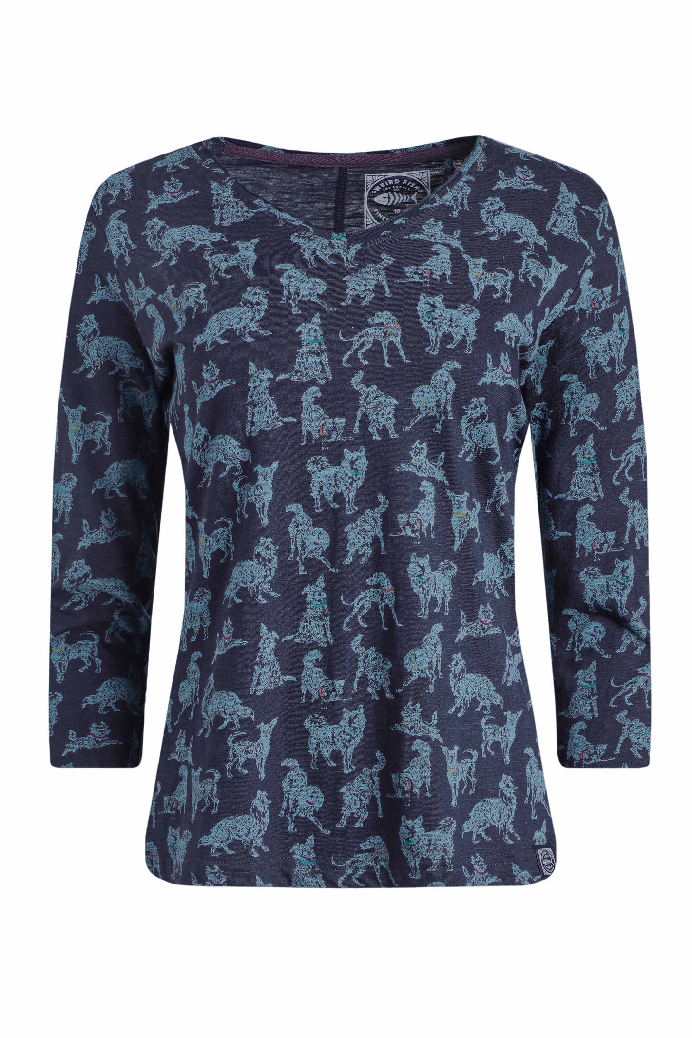 Weird Fish Laveda 3/4 Sleeve Printed V Neck T-Shirt Dark Navy
