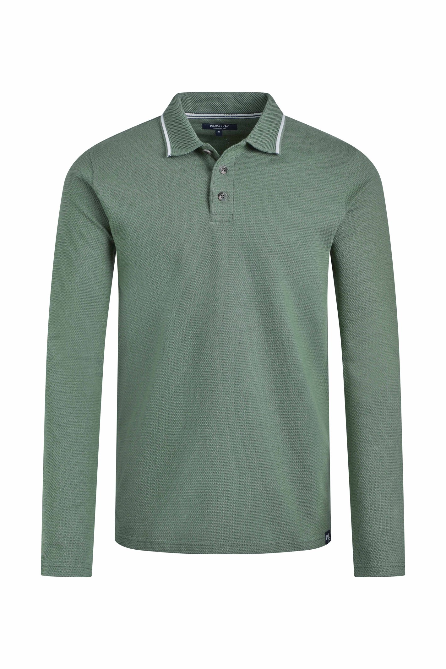 Weird Fish Theo Organic Cotton Textured Jersey Long Sleeve Polo Army Green