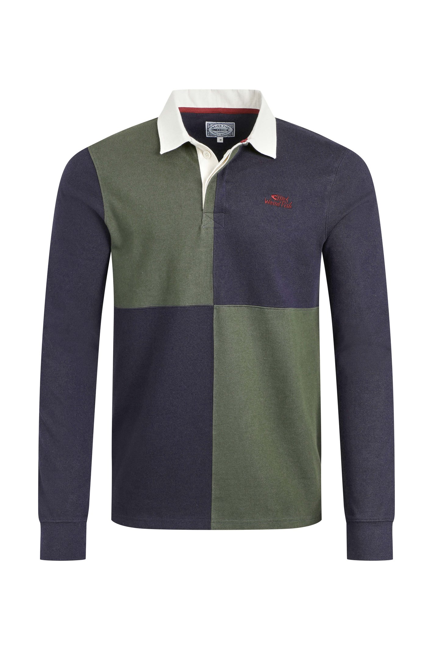 Weird Fish Lyon Organic Cotton Colour Block Rugby Shirt Deep Lichen Green