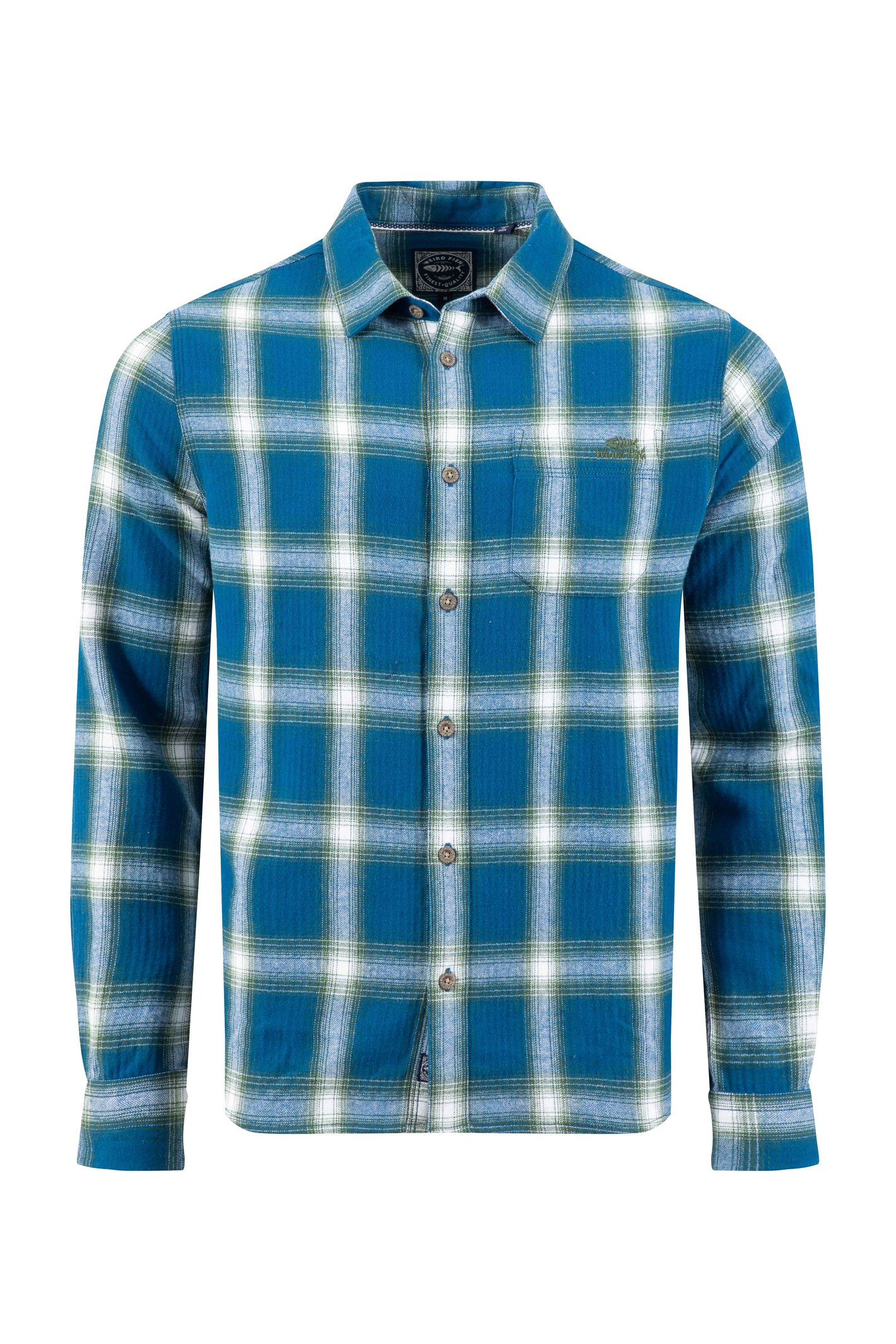 Weird Fish Broxton Organic Cotton Long Sleeve Herringbone Check Shirt Blue