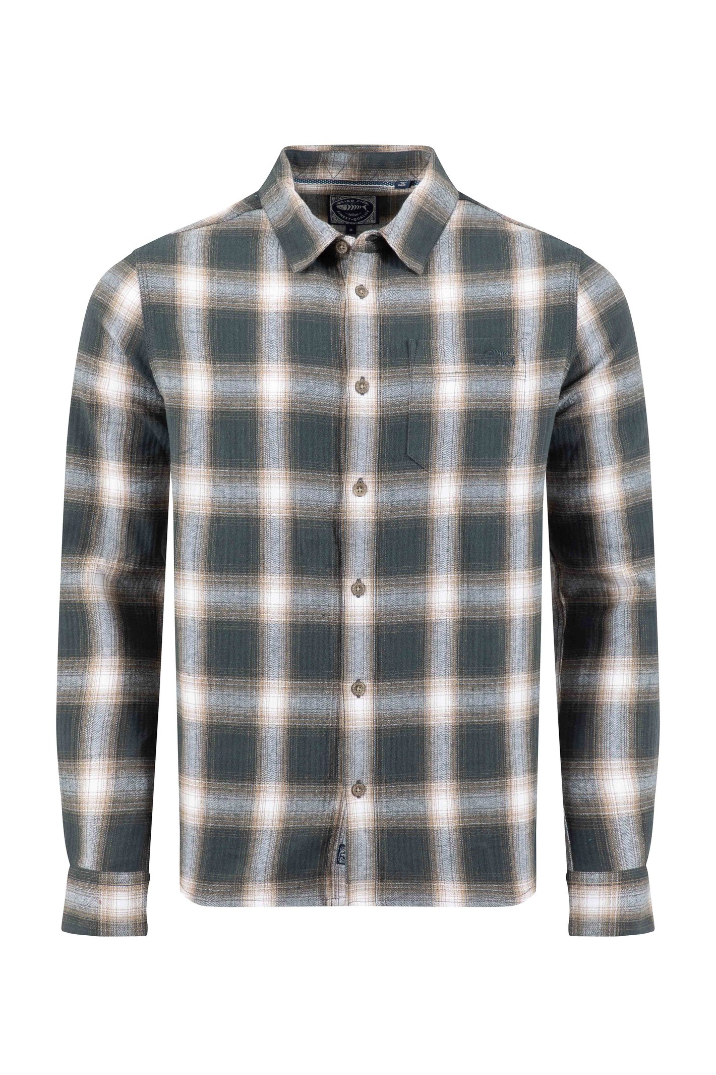 Weird Fish Broxton Organic Cotton Long Sleeve Herringbone Check Shirt Grey