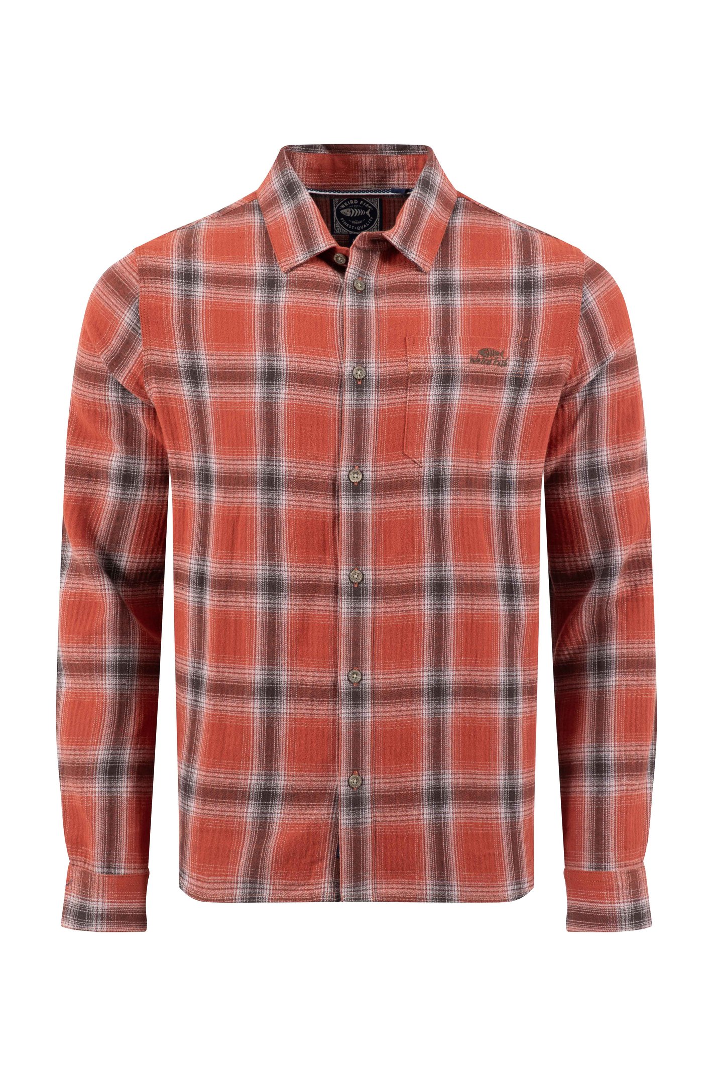 Weird Fish Broxton Organic Cotton Long Sleeve Herringbone Check Shirt Rust