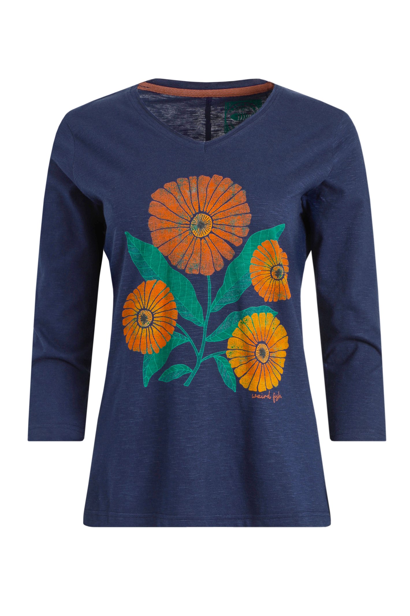 Weird Fish Flower Power Organic Cotton 3/4 Sleeve Graphic T-Shirt Navy