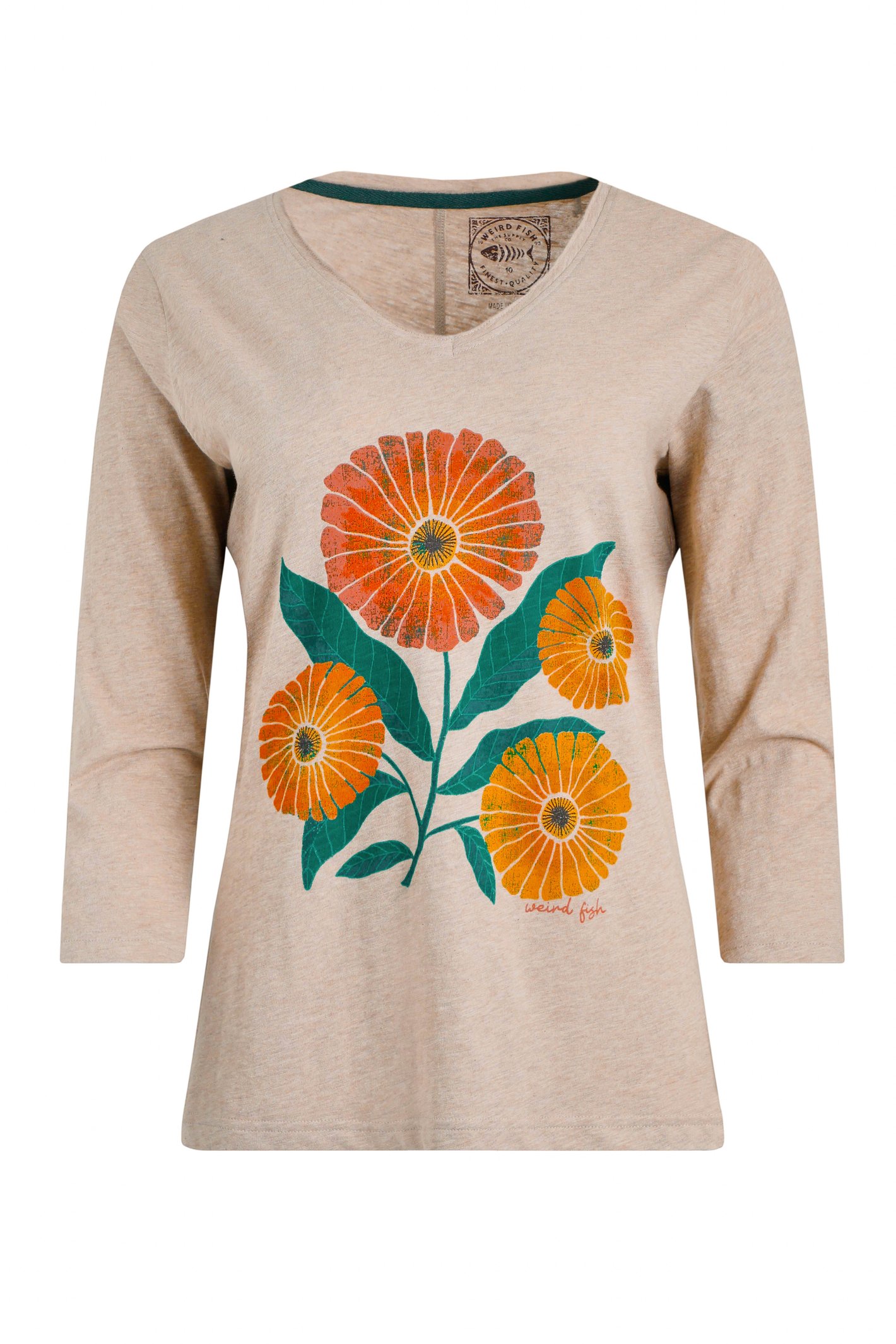 Weird Fish Flower Power Organic Cotton 3/4 Sleeve Graphic T-Shirt Sand Dune