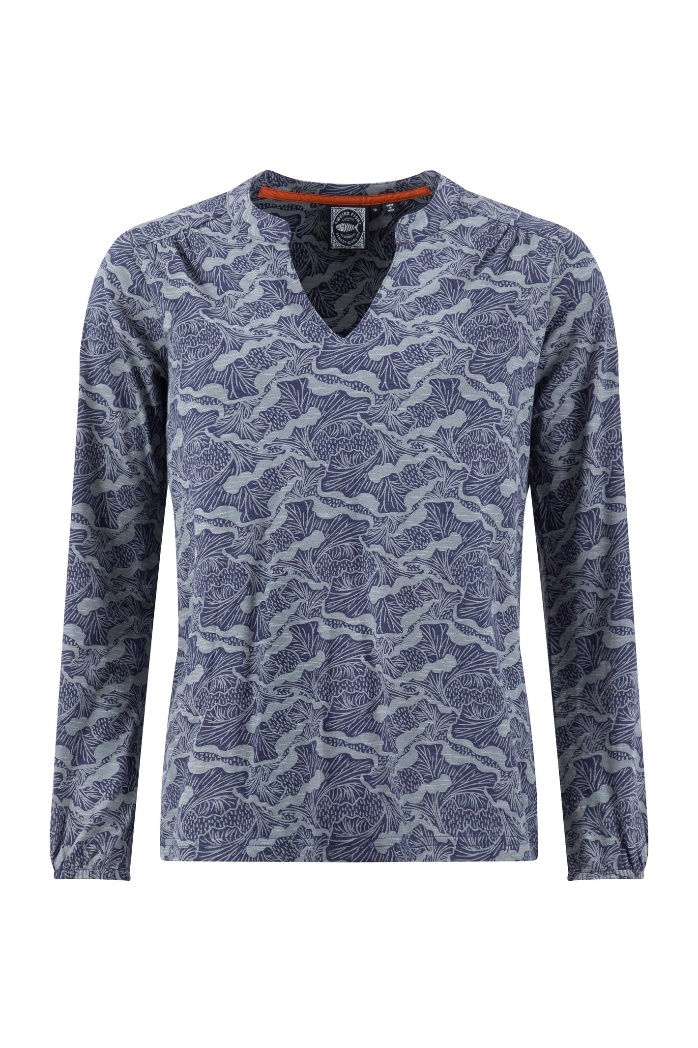 Weird Fish Brooke Organic Cotton Printed V Neck Jersey Top Mid Blue