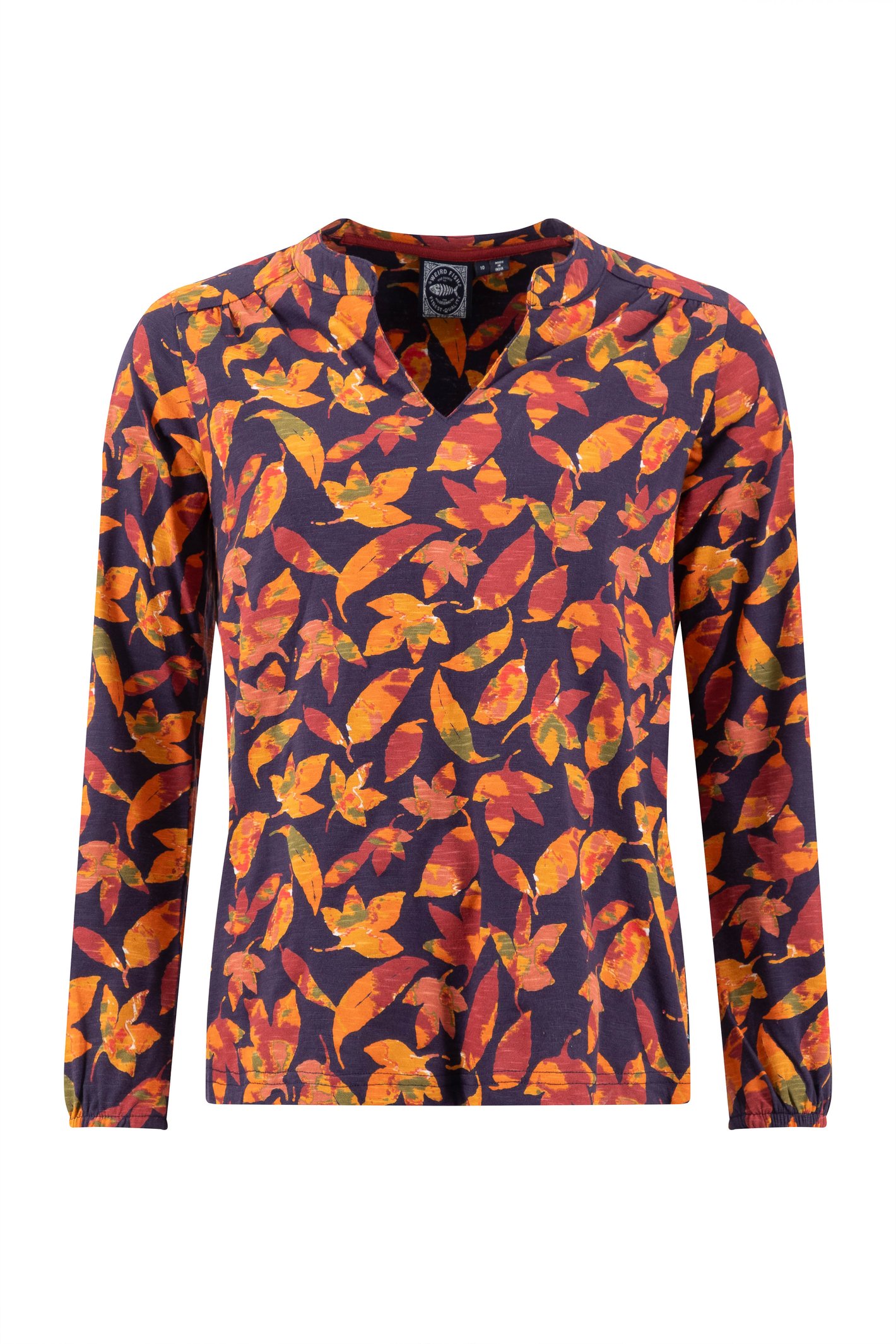 Weird Fish Brooke Organic Cotton Printed V Neck Jersey Top Night Blue