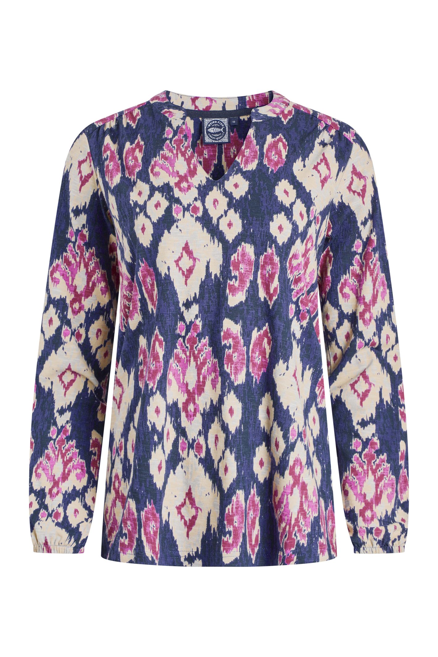 Weird Fish Brooke Organic Cotton Printed V Neck Jersey Top Petrol Blue