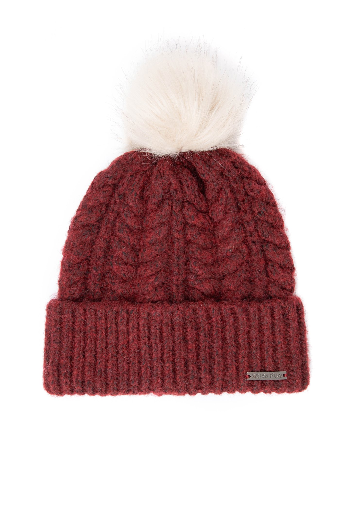 Weird Fish Allerton Cable Knit Bobble Hat Garnet