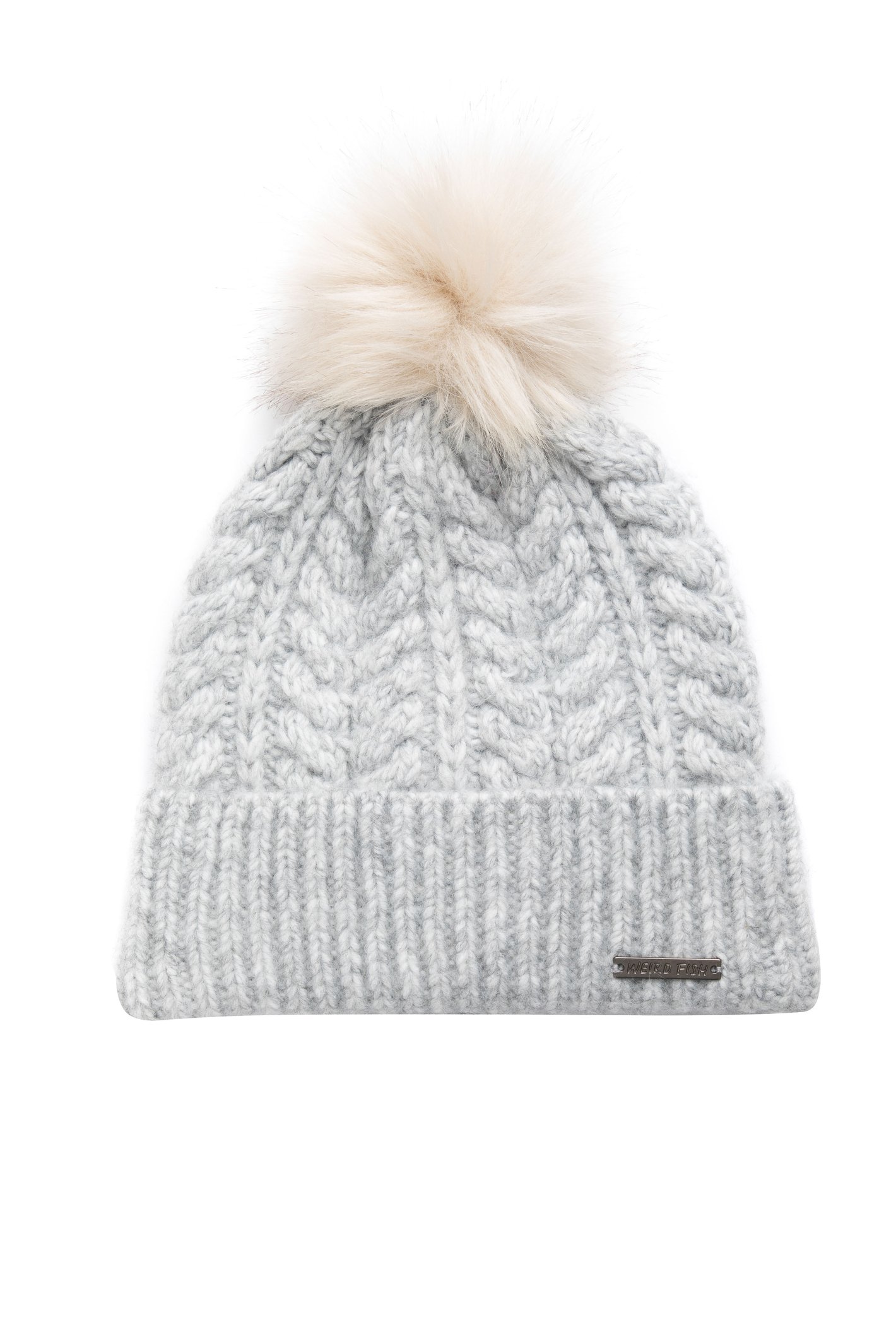 Weird Fish Allerton Cable Knit Bobble Hat Light Grey