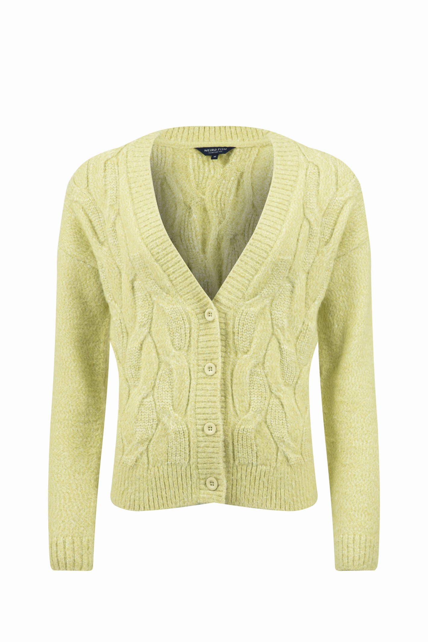 Weird Fish Rhona Super Soft Cable Knit Cardigan Celery