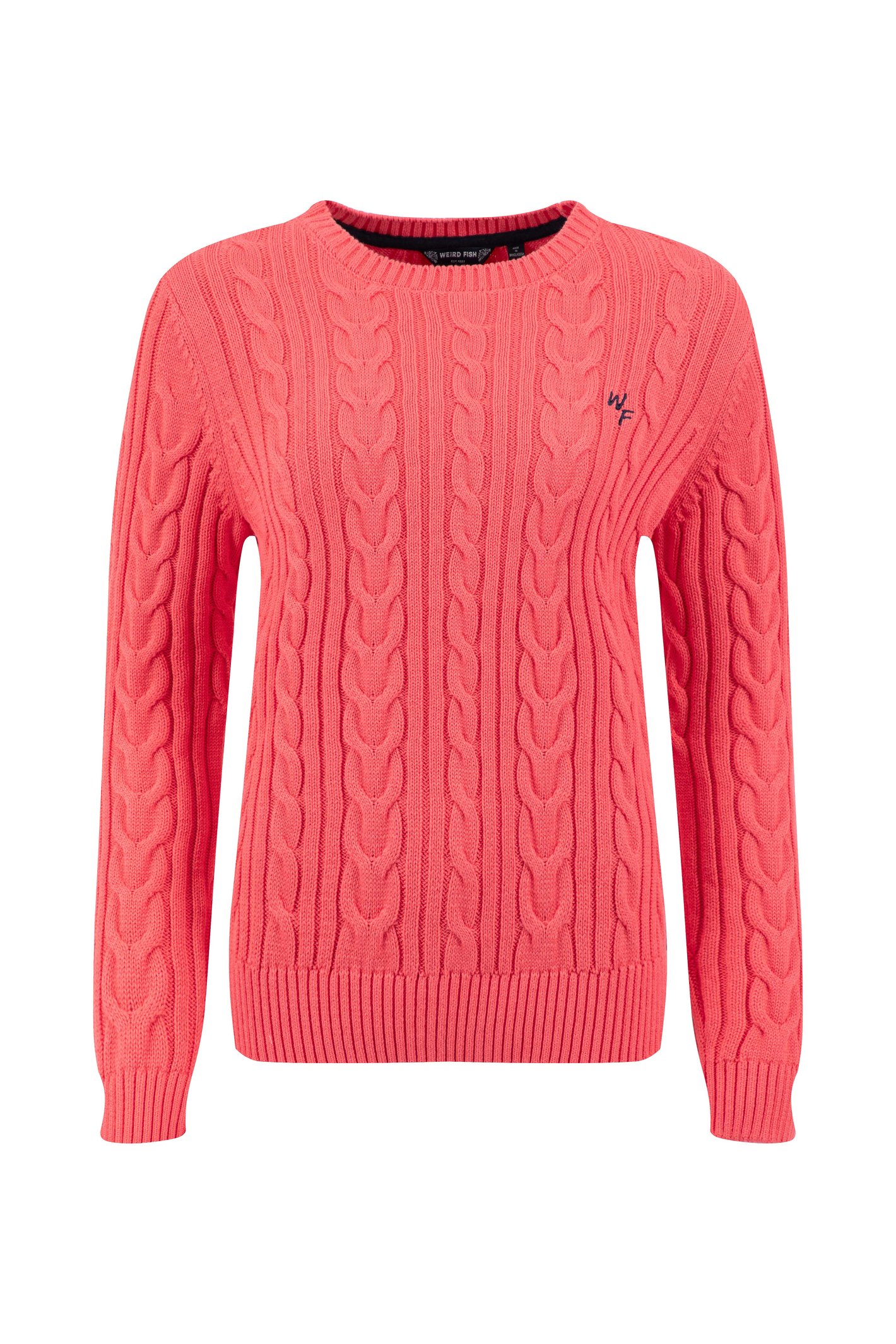 Weird Fish Amberise Crew Neck Cable Knit Jumper Flamingo