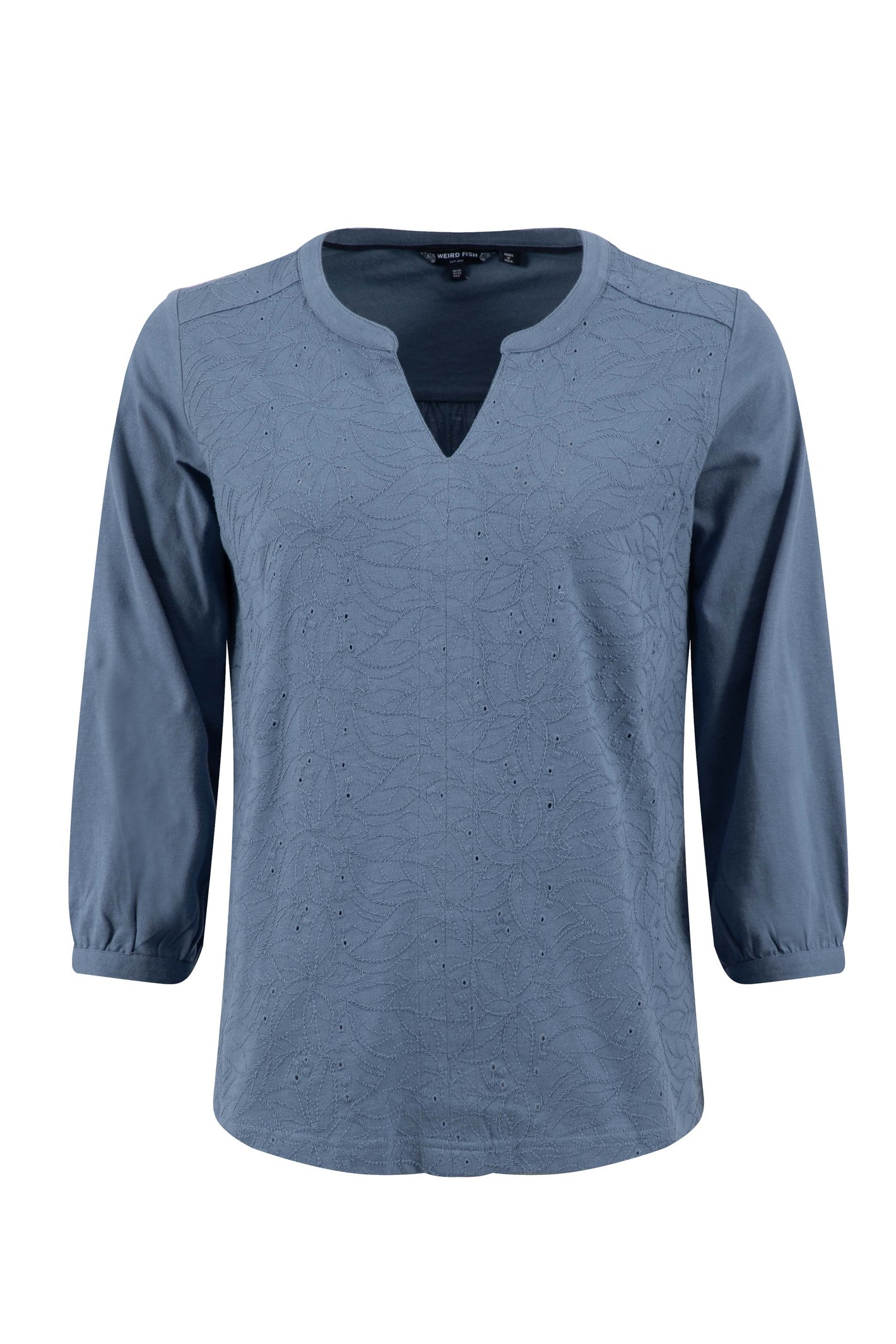Weird Fish Mabel Broidery 3/4 Sleeve Top Faded Blue