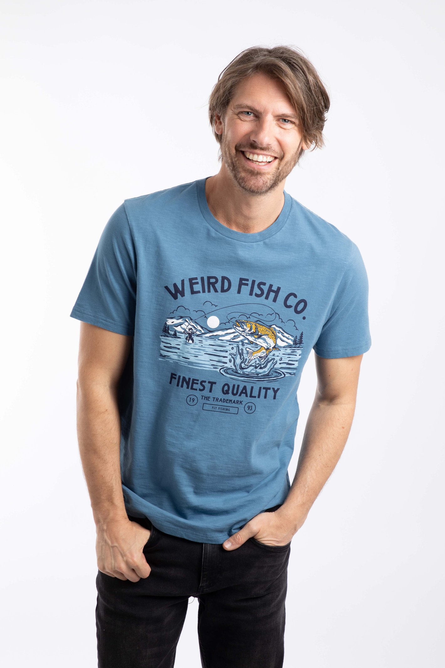 Weird Fish Fish Out Of Water Front Print Graphic T-Shirt Washed Blue Size L