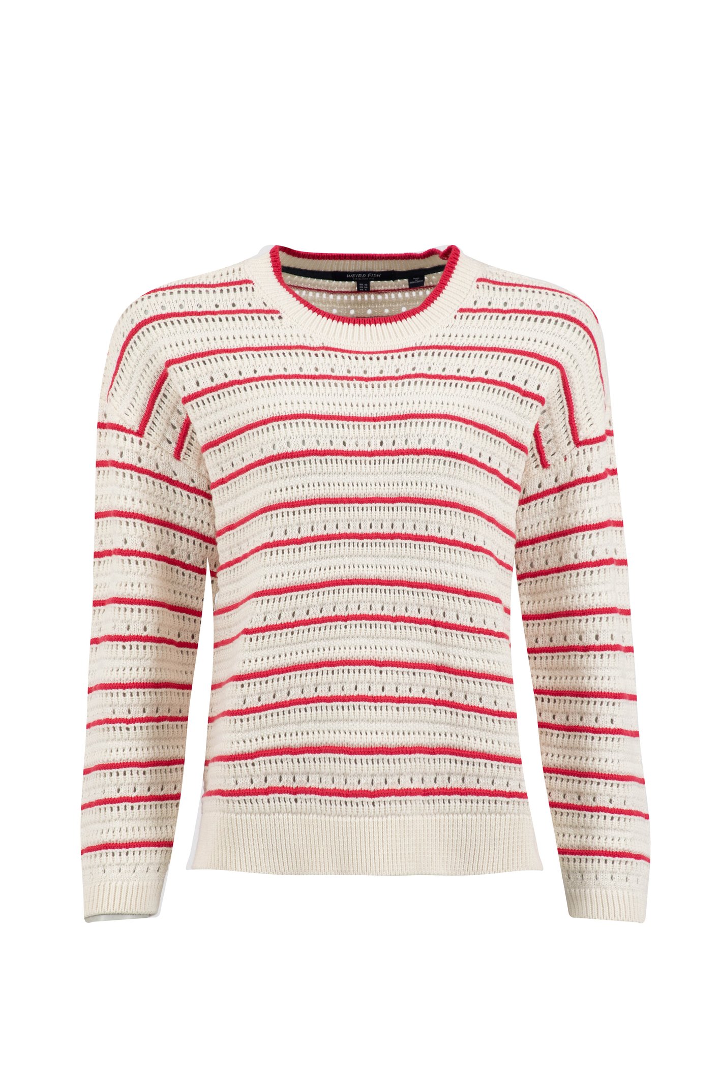 Weird Fish Liah Pointelle Striped Crew Neck Jumper Deep Pink Size 8