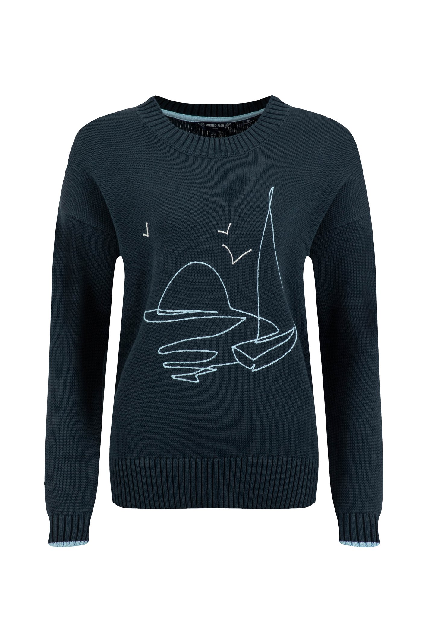Weird Fish Lauro Embroidered Crew Knit Jumper Navy