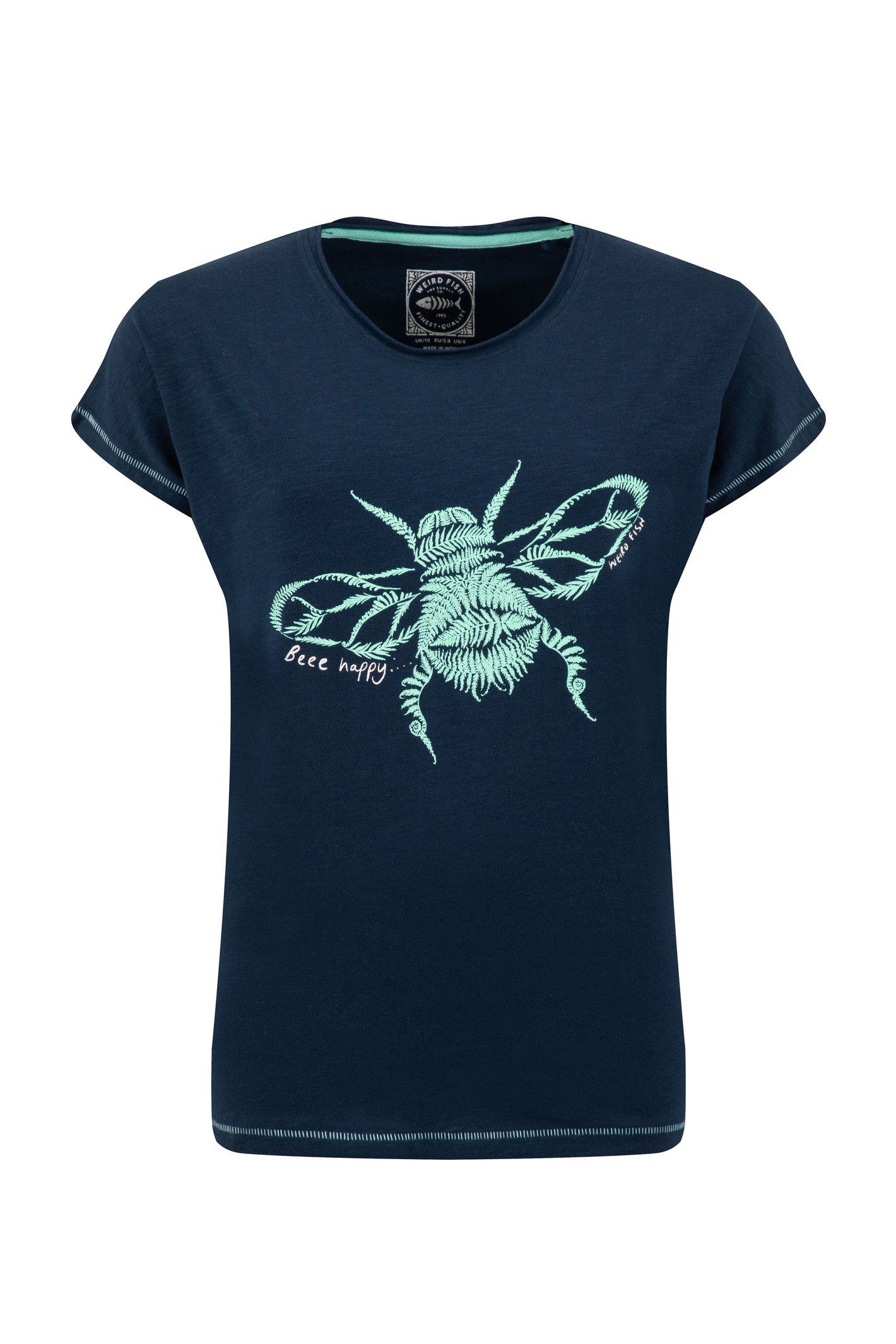 Weird Fish Bee Happy Front Print Graphic T-Shirt Navy