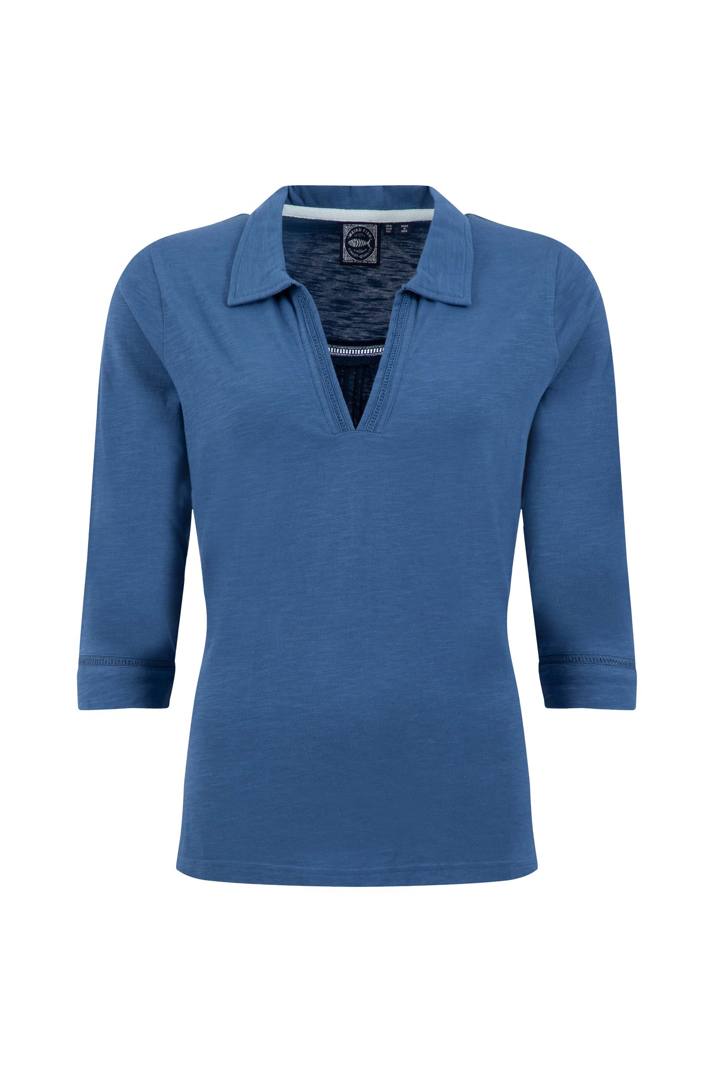 Weird Fish Annare 3/4 Sleeve Jersey Trophy Neck Top Faded Blue