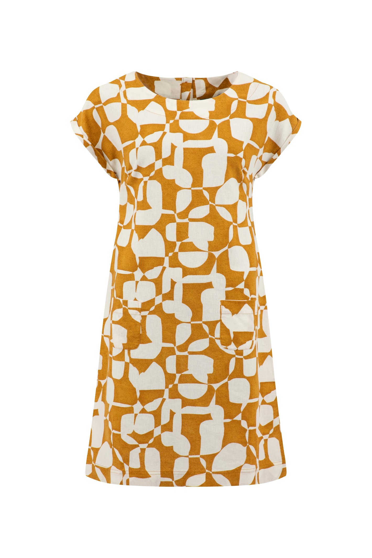 Weird Fish Orlando Printed Linen Rich Shift Dress Ochre Size 16