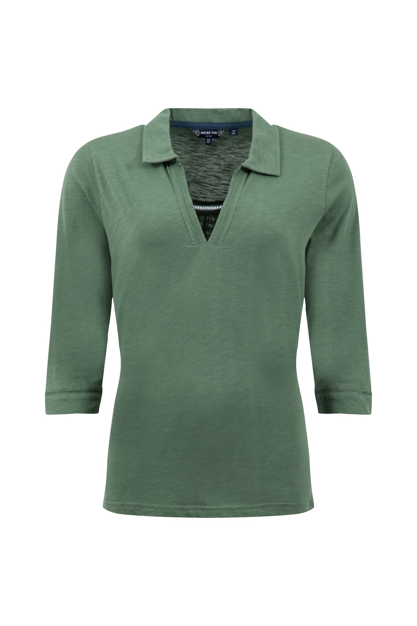 Weird Fish Annare 3/4 Sleeve Jersey Trophy Neck Top Military Green Size 12