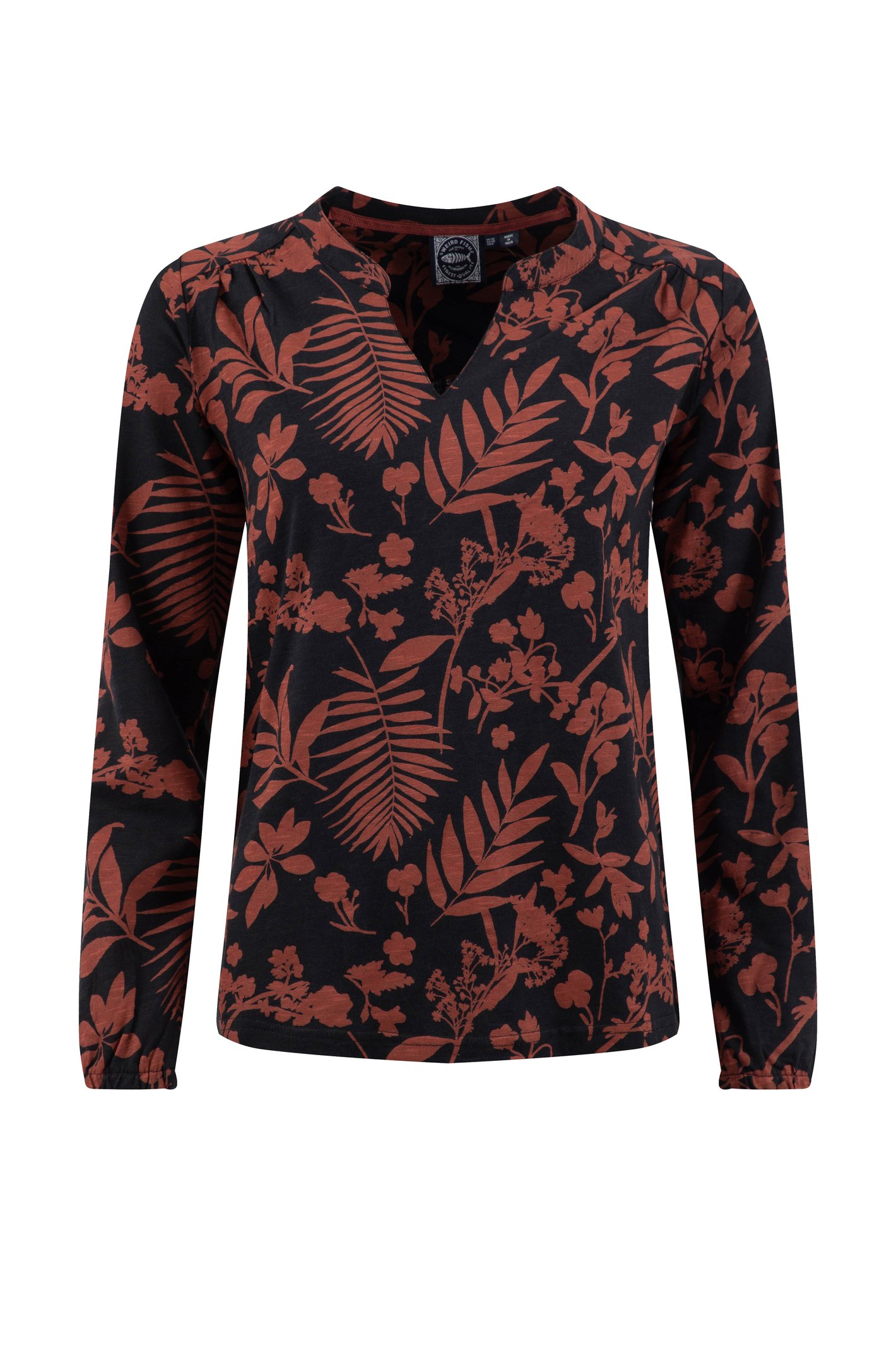 Weird Fish Brooke Printed V Neck Jersey Top Bitter Chocolate Size 10