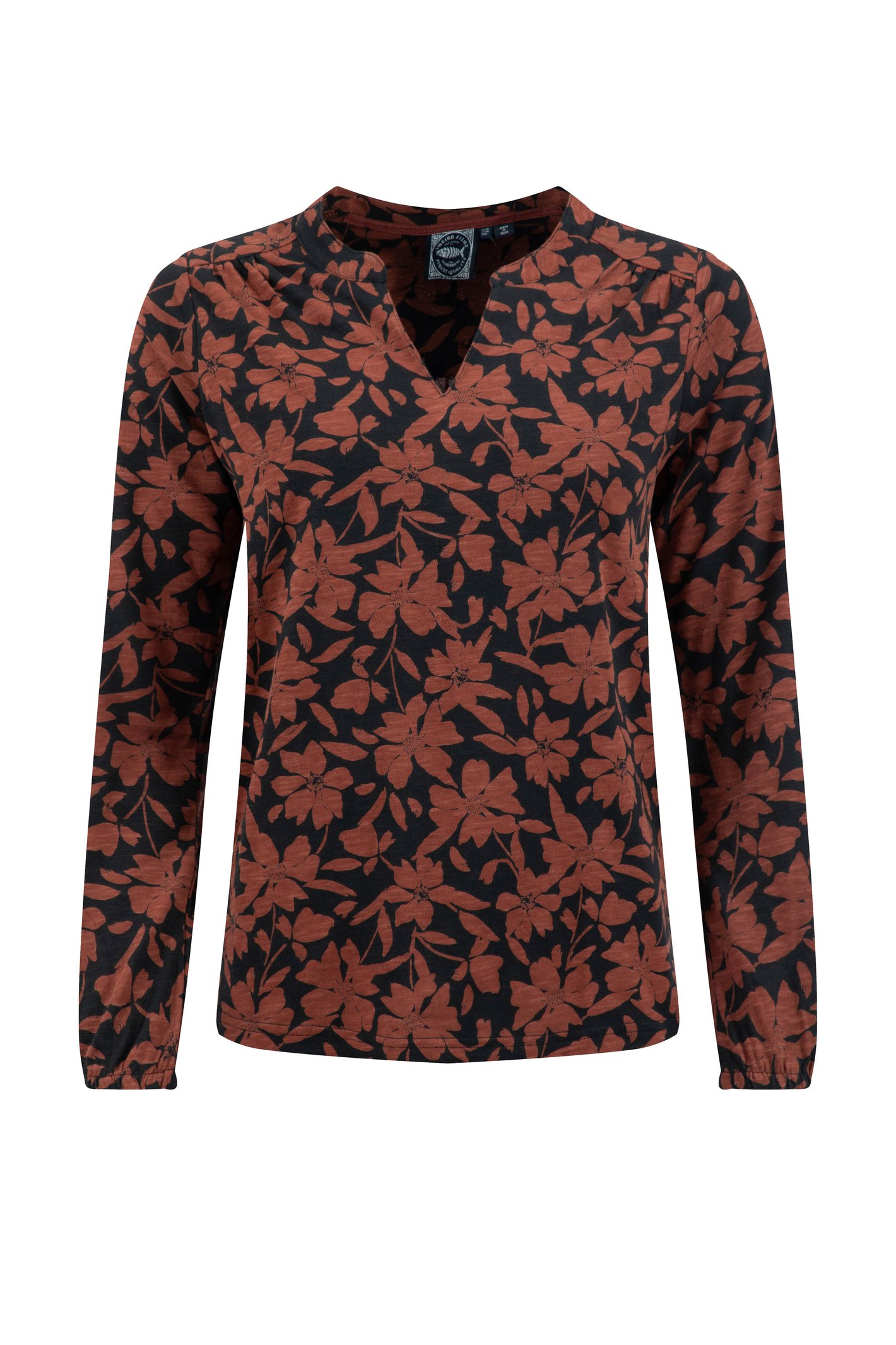Weird Fish Brooke Printed V Neck Jersey Top Conker Size 12