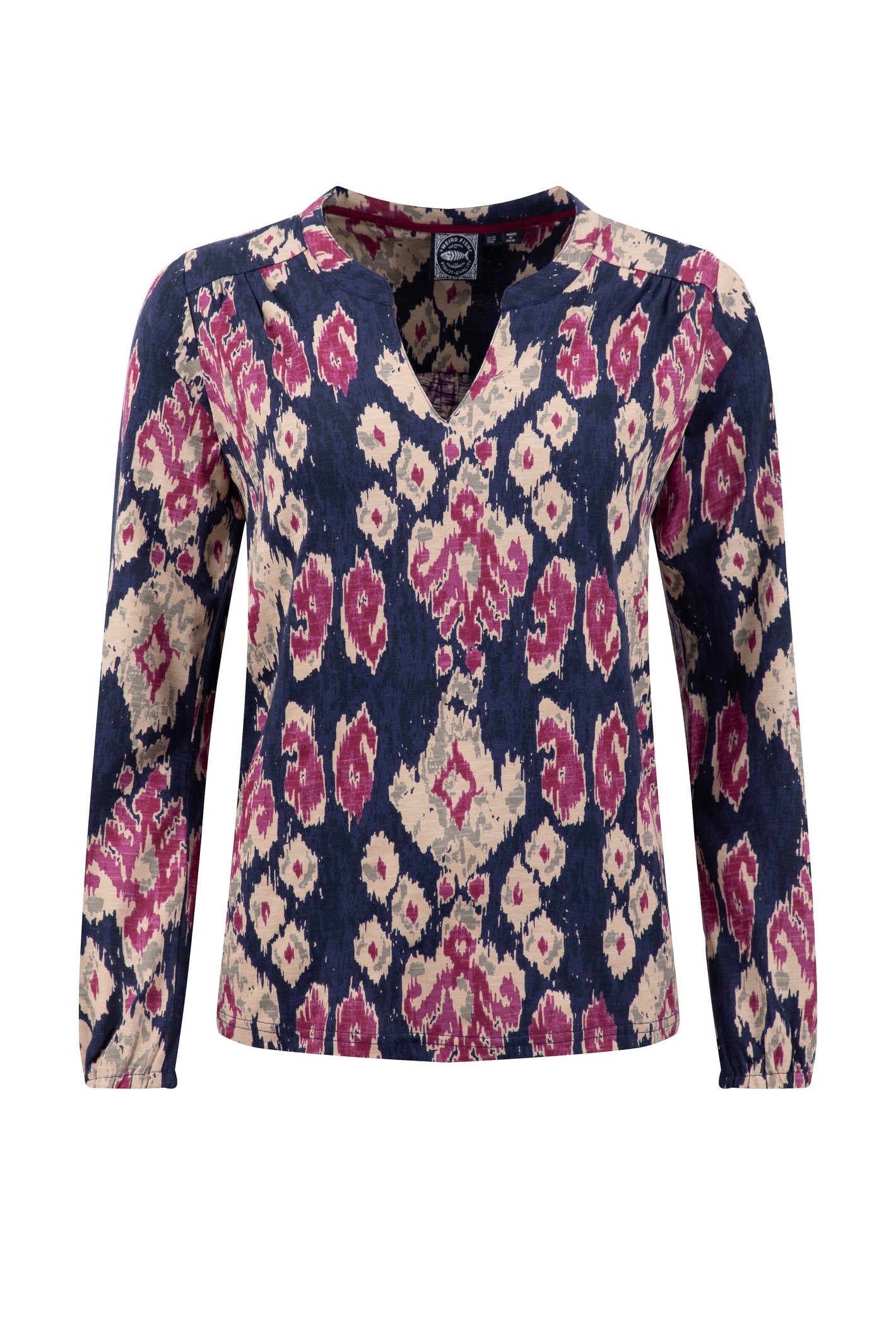 Weird Fish Brooke Printed V Neck Jersey Top Petrol Blue Size 12