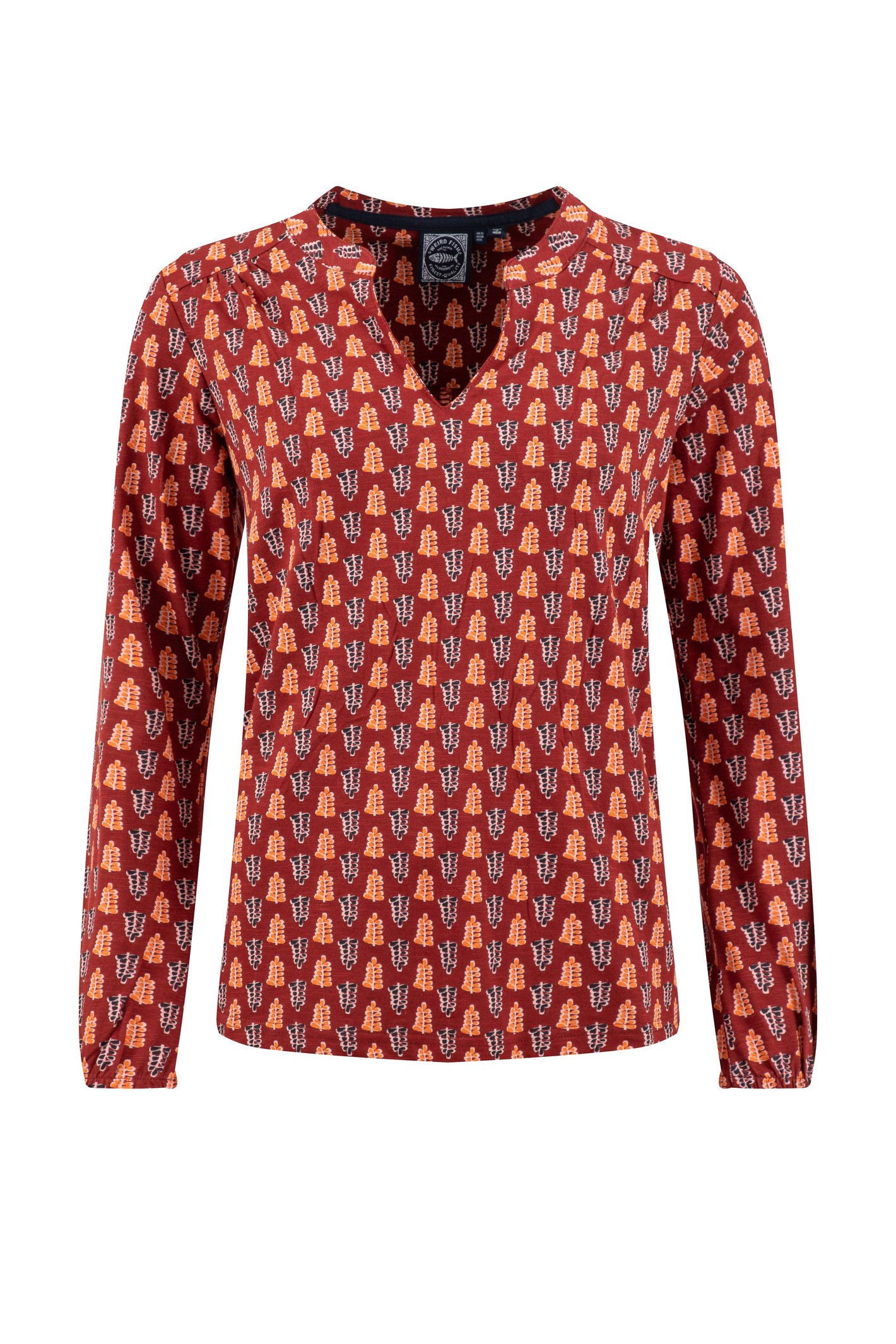 Weird Fish Brooke Printed V Neck Jersey Top Brick Orange Size 12