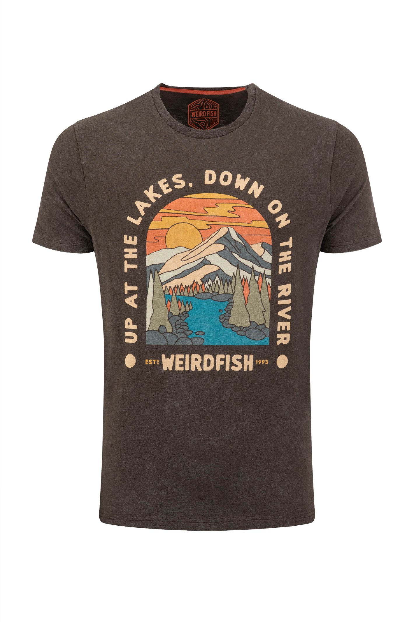 Weird Fish Up At The Lakes Front Print Graphic T-Shirt Dark Chocolate Size L